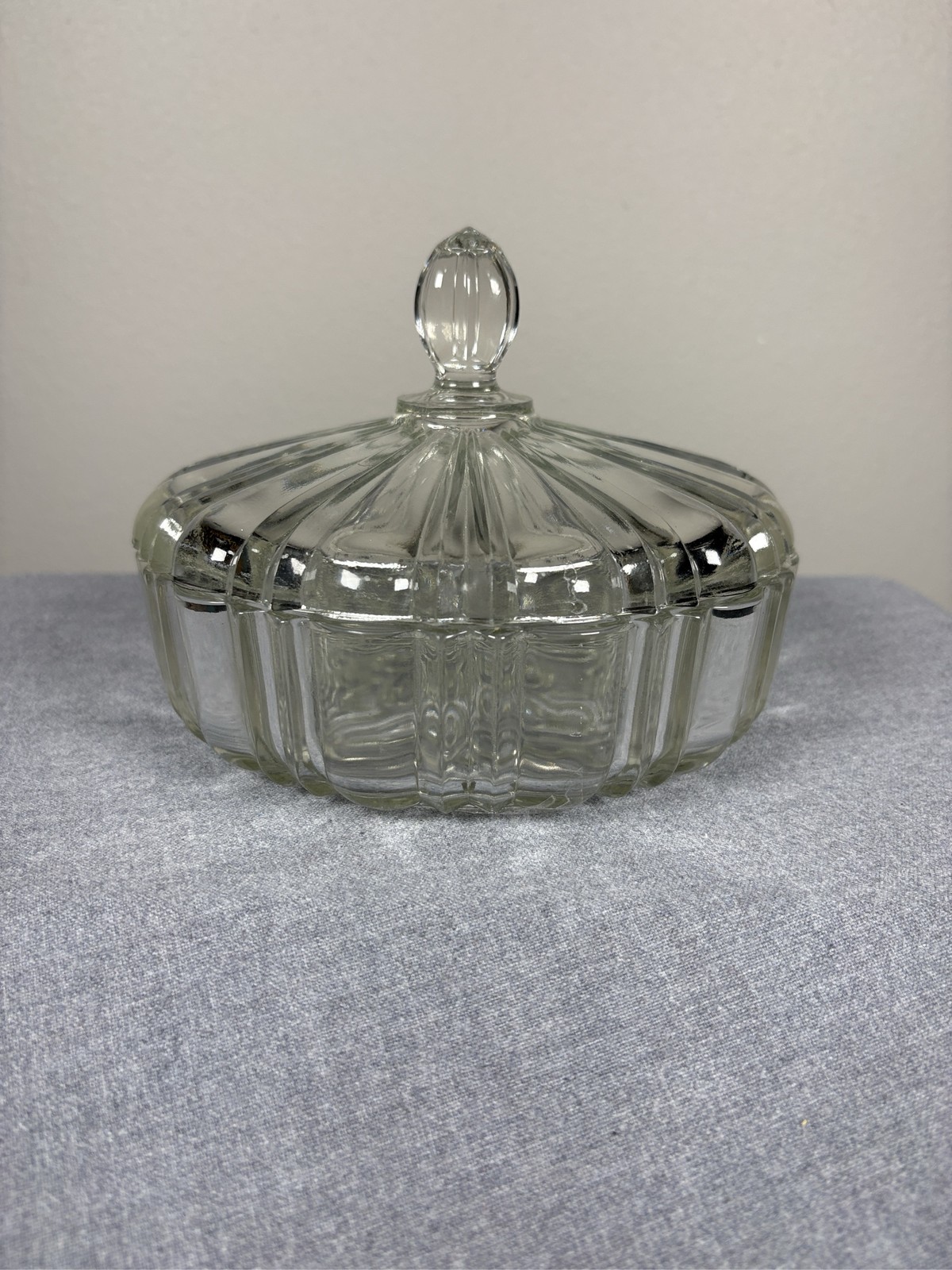 Vintage Anchor Hocking Old Cafe Clear Glass Covered Candy Dish Ribbed Pattern