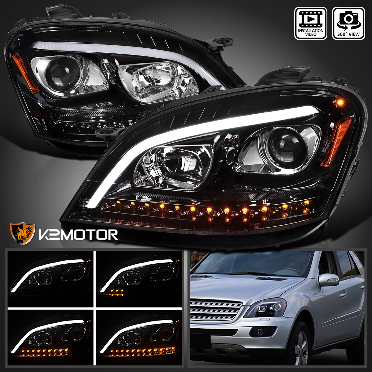 Fits 2006-2008 Mercedes Benz W164 ML350 Jet Black Projector Headlight LED Signal Fits 2006-2008 Mercedes Benz W164 ML350 Jet Black Projector Headlight LED Signal