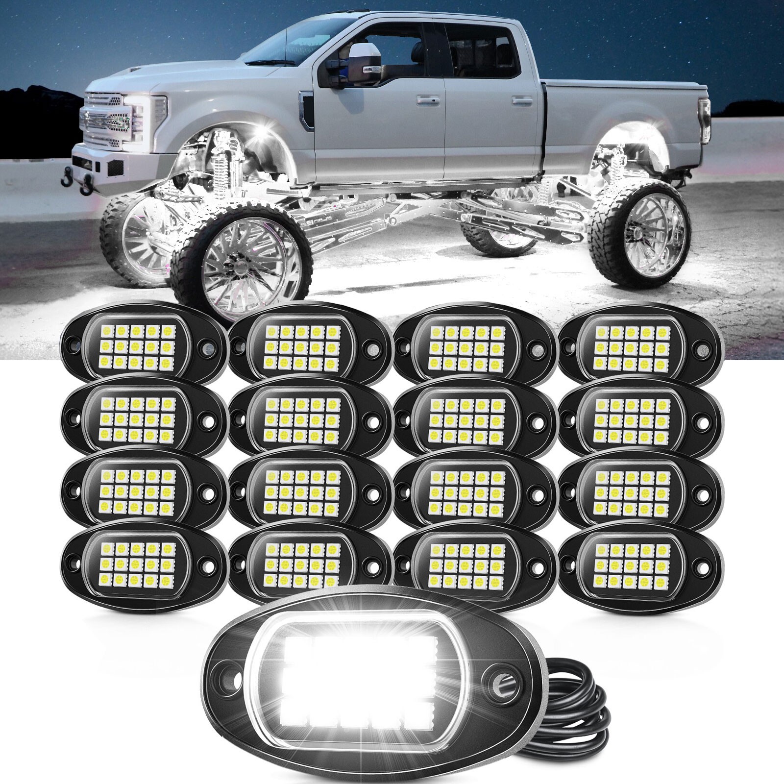 16 Pods White Rock Light Kit - 6000K Super Bright Pure White LED Underglow