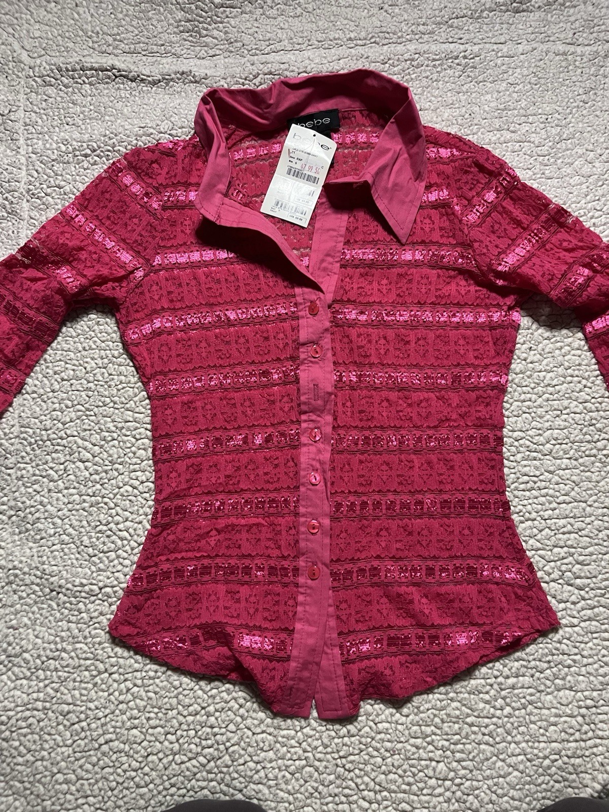 Vintage Y2K bebe Pink Sheer Lace Button Down Shirt Small NWT Made USA