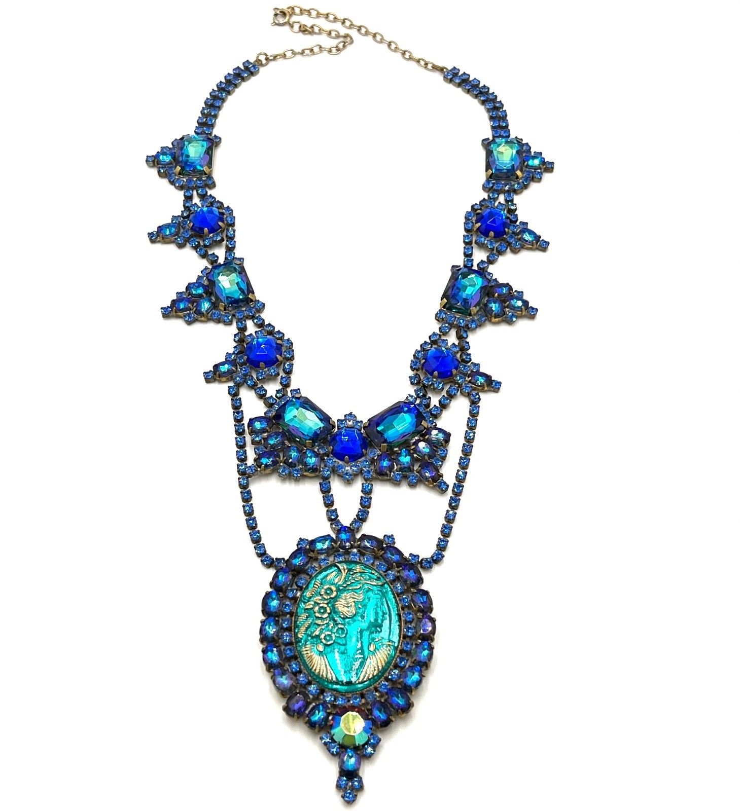 Vintage Bijoux MG Czech Blue Cameo Rhinestone Large Necklace