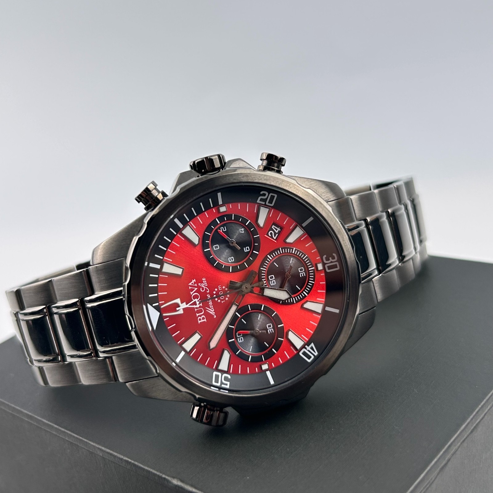 Bulova Marine Star 98B350 Red Dial Chronograph Men's Quartz Watch 43MM New/Box