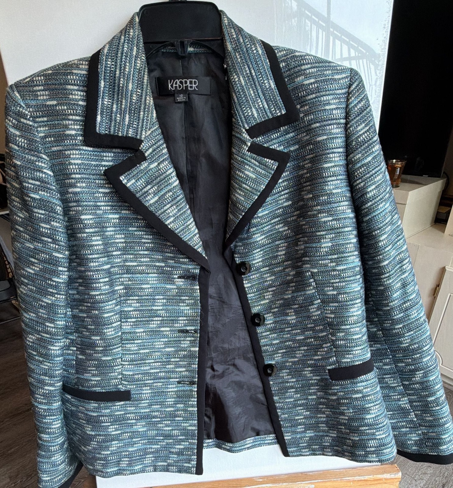 Kasper Black and White Bouclé Blazer with Contrast Trim