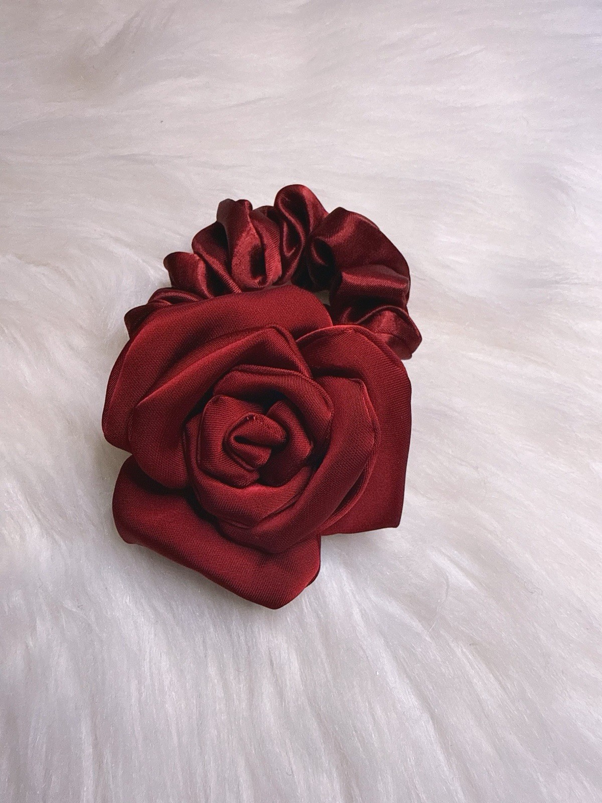 Rose Flower Hair Tie Wine Red Satin Scrunchie Hair Accessories Valentine Gift