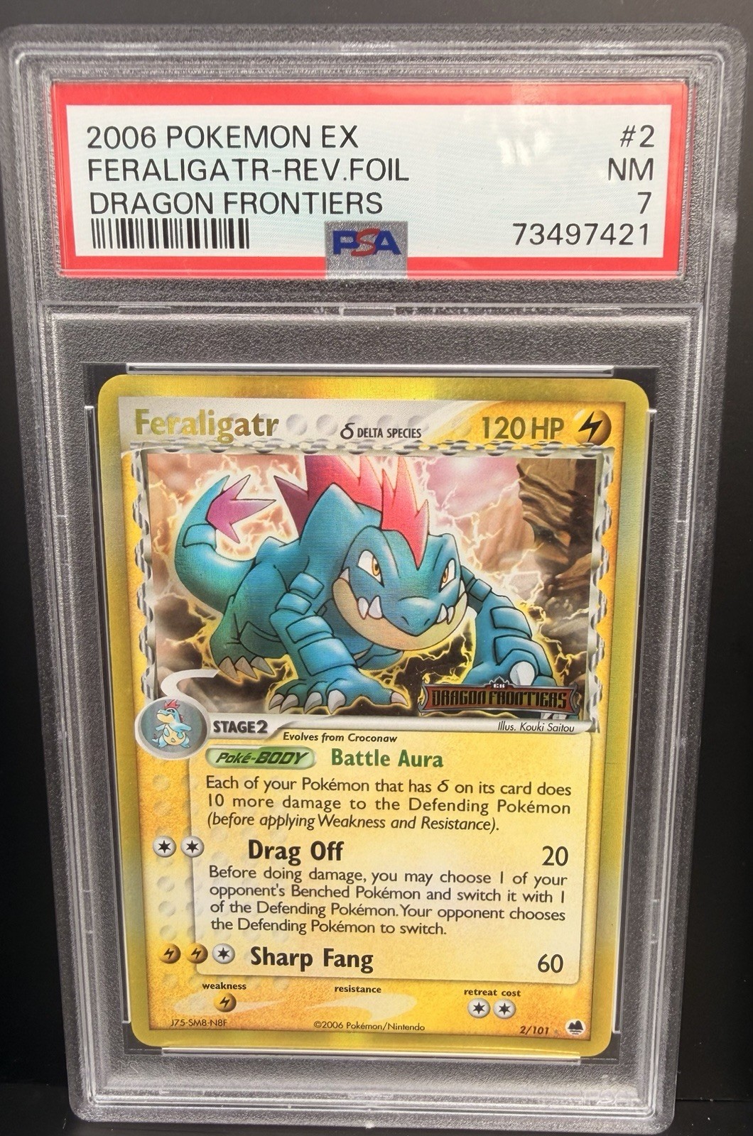 Feraligatr 2/101 EX Dragon Frontiers Reverse Holo Delta Species PSA 7 2006 Feraligatr 2/101 EX Dragon Frontiers Reverse Holo Delta Species PSA 7 2006