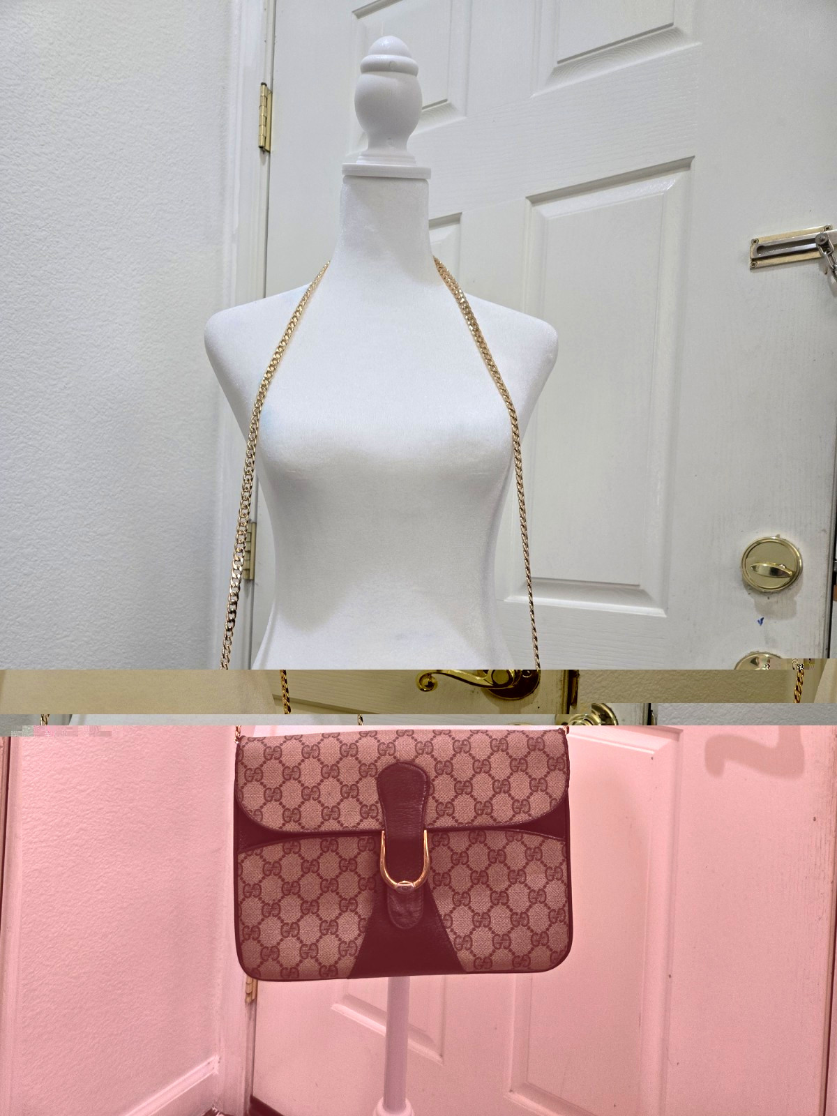 Gucci GG Canvas Leather Shoulder Bag Chain Strap Buckle Closure Gold Hardware Gucci GG Canvas Leather Shoulder Bag Chain Strap Buckle Closure Gold Hardware