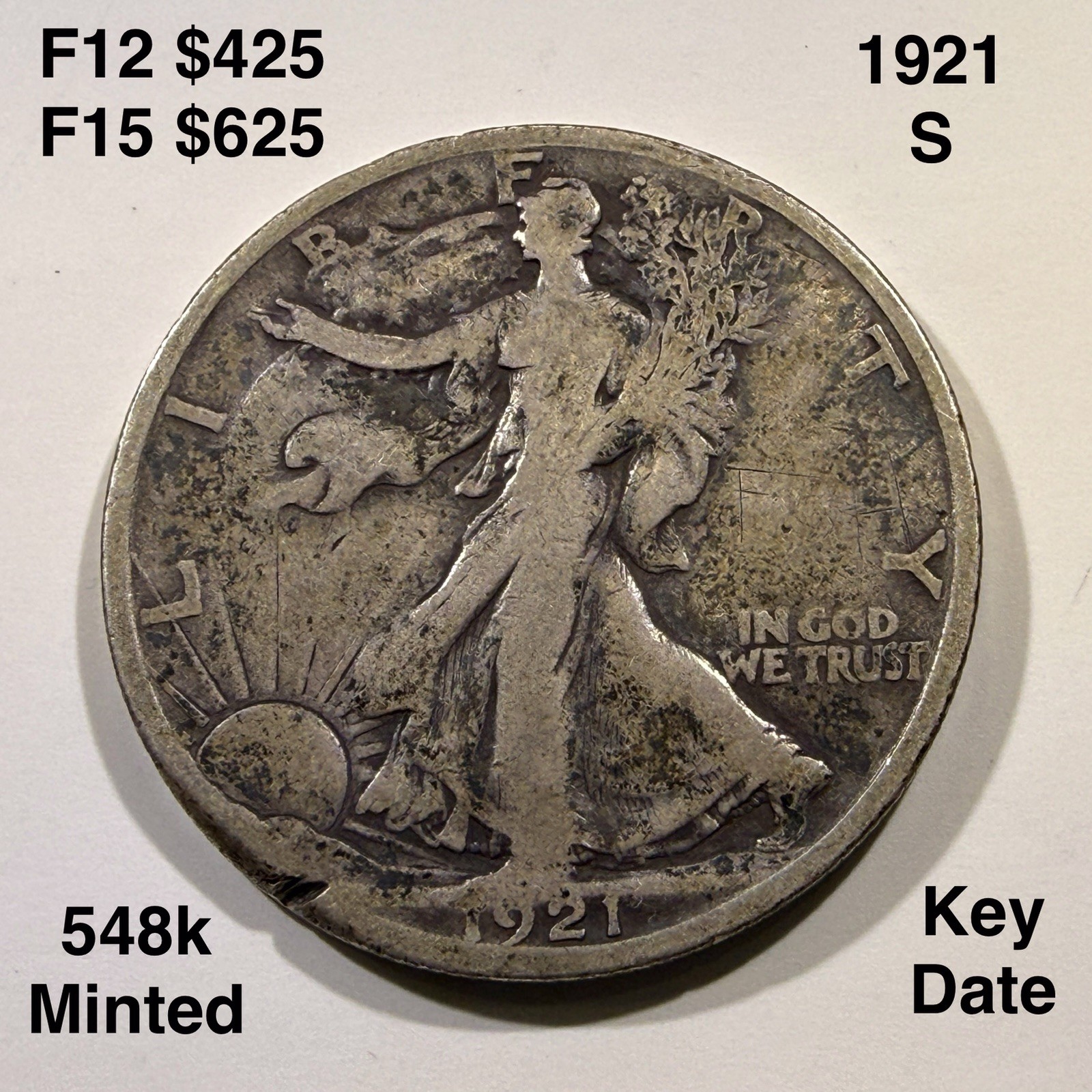1921-S 50c Walking Liberty Half Dollar - Fine Details Full Rim Nice Face Details