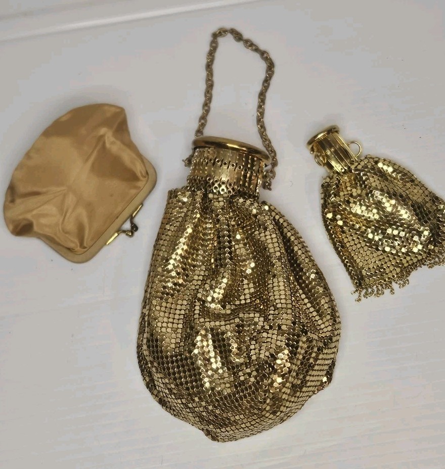 Antique 1920s Whiting Davis Gold Mesh Gate Top Accordion Purse Coin Bag Set Tag