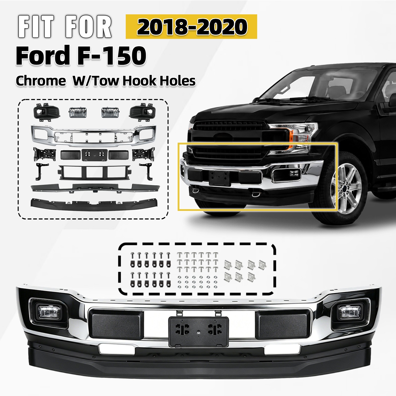For 2018-2020 Ford F-150 Front Bumper Grille Cover Aeesmbly Chrome Steel