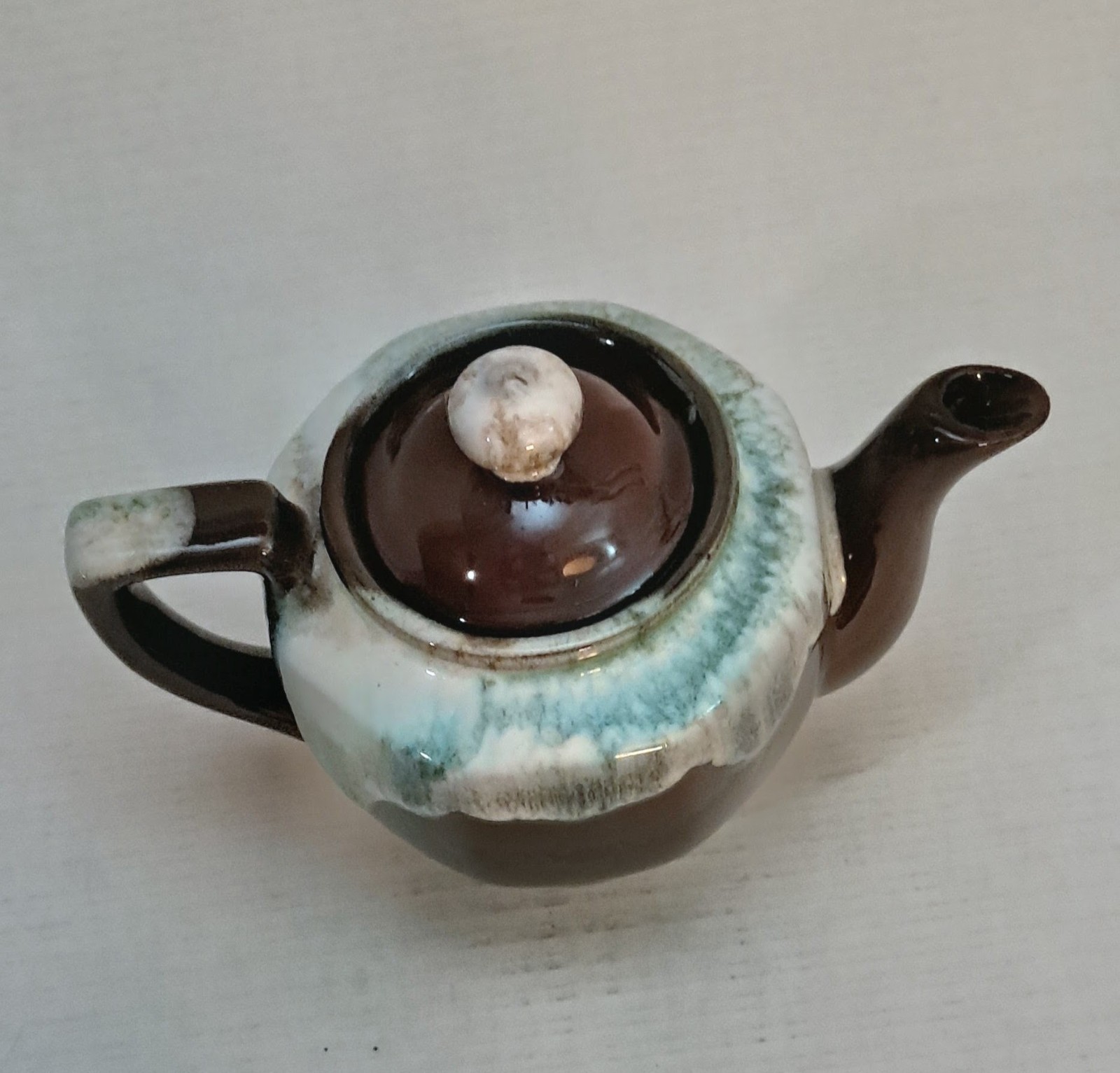 Vintage Hull Style Brown Drip Glaze Mini Teapot -Seafoam Green & White Rim Japan