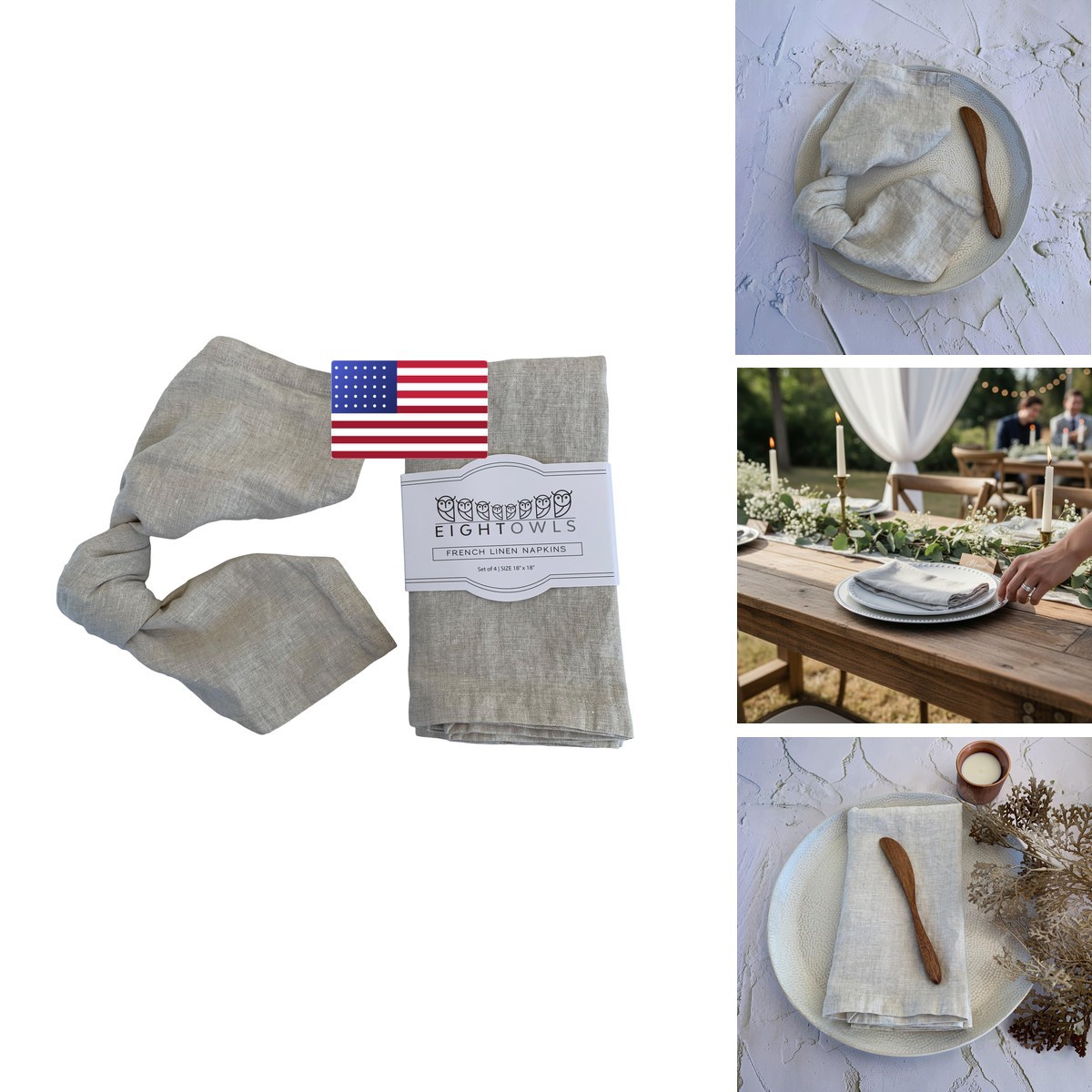 Eight Owls 18NOM 100% French Flax Stonewashed Linen Napkins 18x18 Set of 4 Eight Owls 18NOM 100% French Flax Stonewashed Linen Napkins 18x18 Set of 4