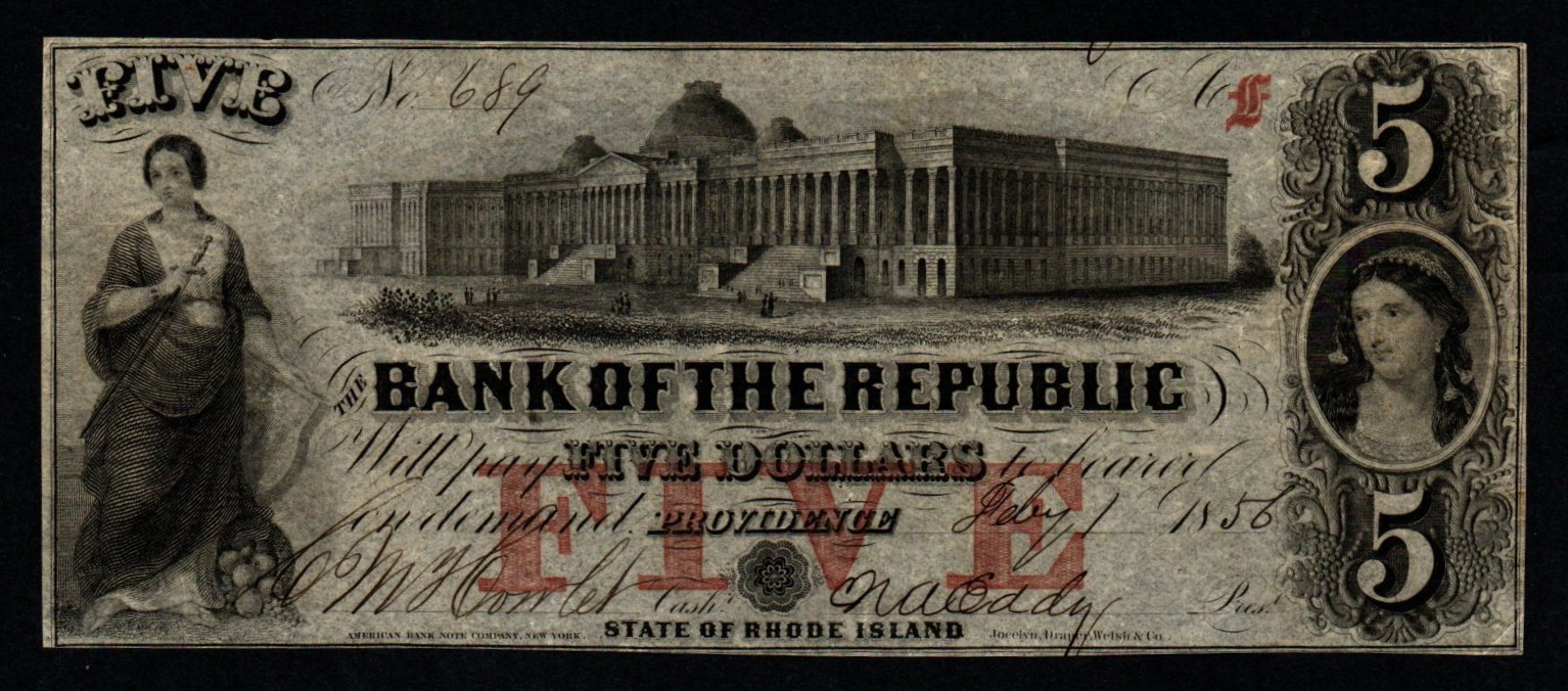 Providence, RI, Bank of the Republic 1856 $5 BEAUTIFUL AU+ Broken Banknote