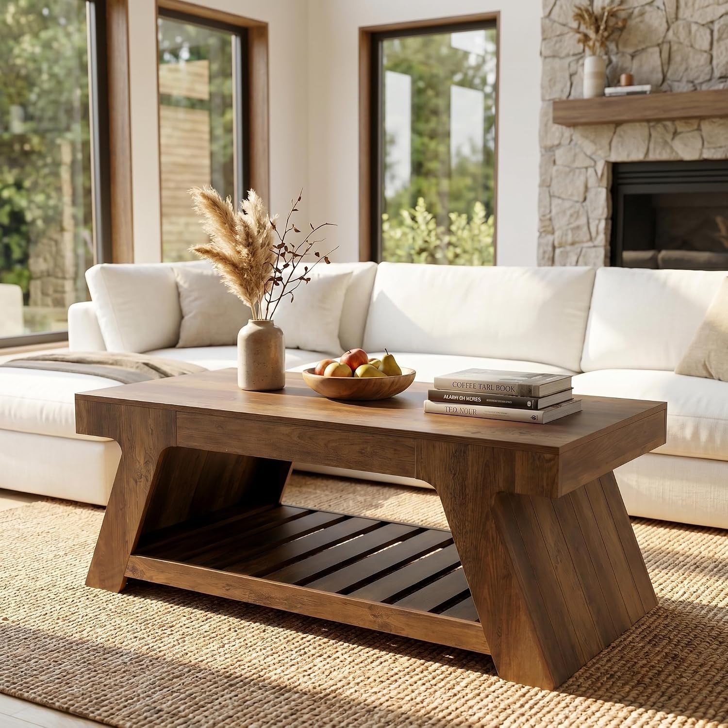 47'' Modern Coffee Table 2-Tier Wooden Rectangular Center Table for Living Room 47'' Modern Coffee Table 2-Tier Wooden Rectangular Center Table for Living Room