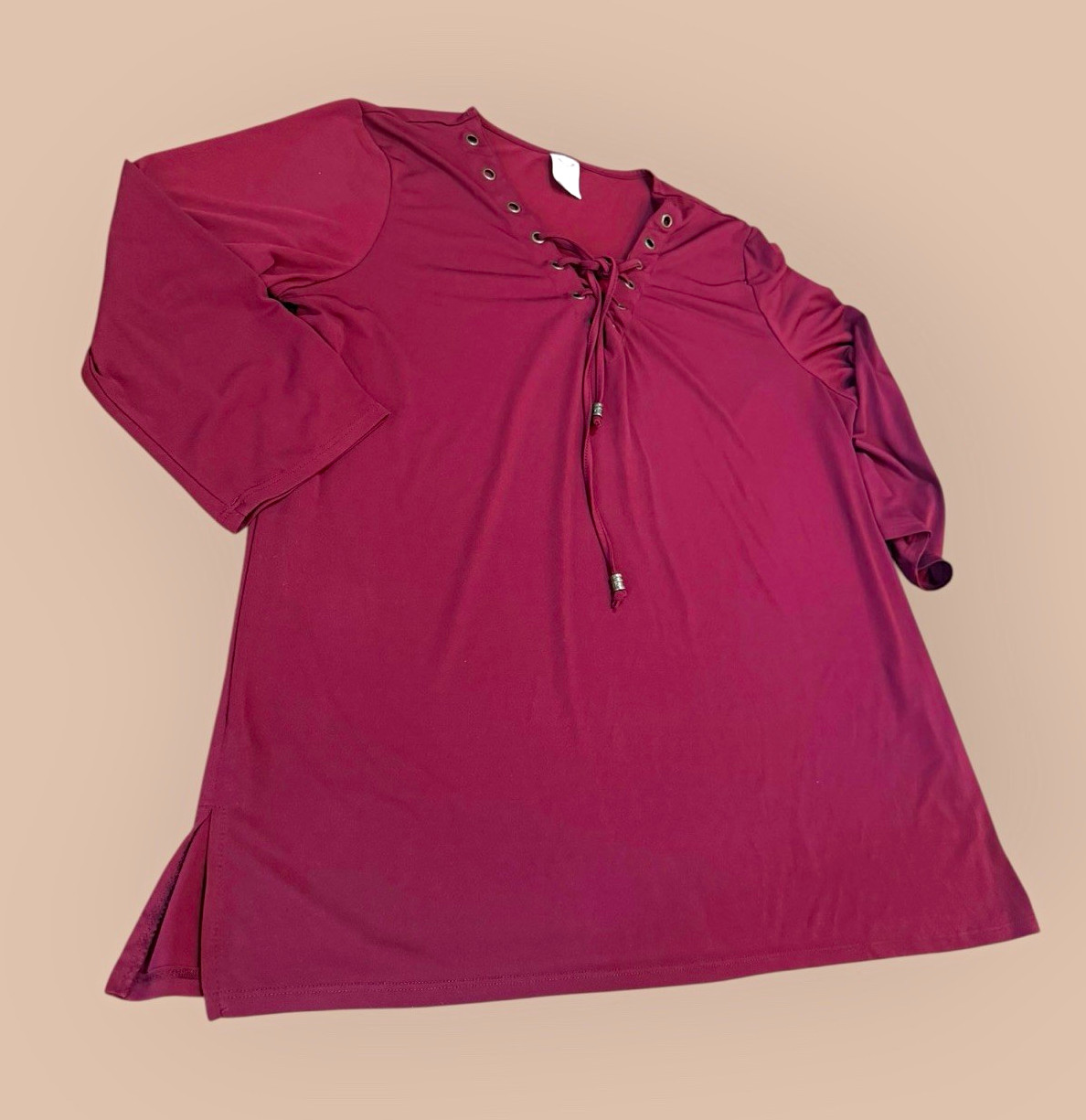 Faded Glory Women’s XL Burgundy V-Neck 3/4 Sleeve Lace-Up Grommet Knit Top