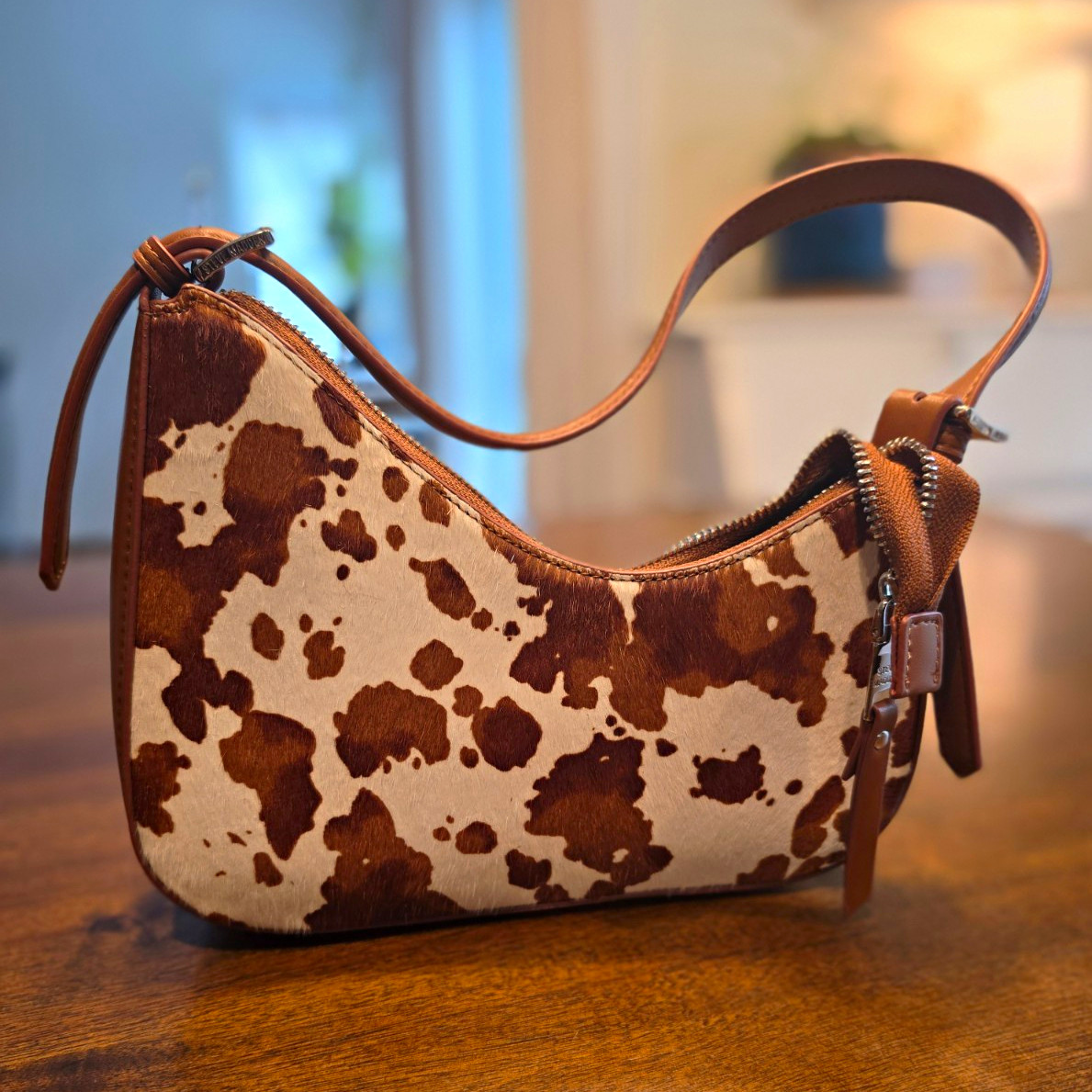 Steve Madden Brown & White Cow Animal Print Zip Shoulder Bag Detachable Strap