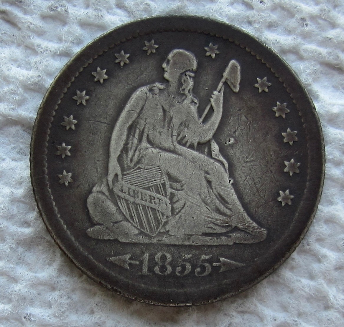 1855-S Arrows Seated Liberty Silver Quarter Rare Key Date Mid Grade Cleaned