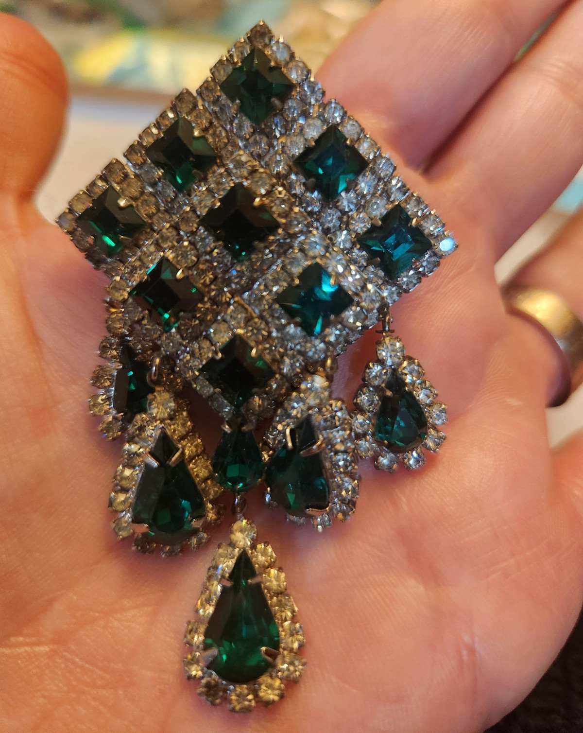 Signed Kramer of New York Emerald Waterfall Brooch • Mid‑Century Designer Signed Kramer of New York Emerald Waterfall Brooch • Mid‑Century Designer