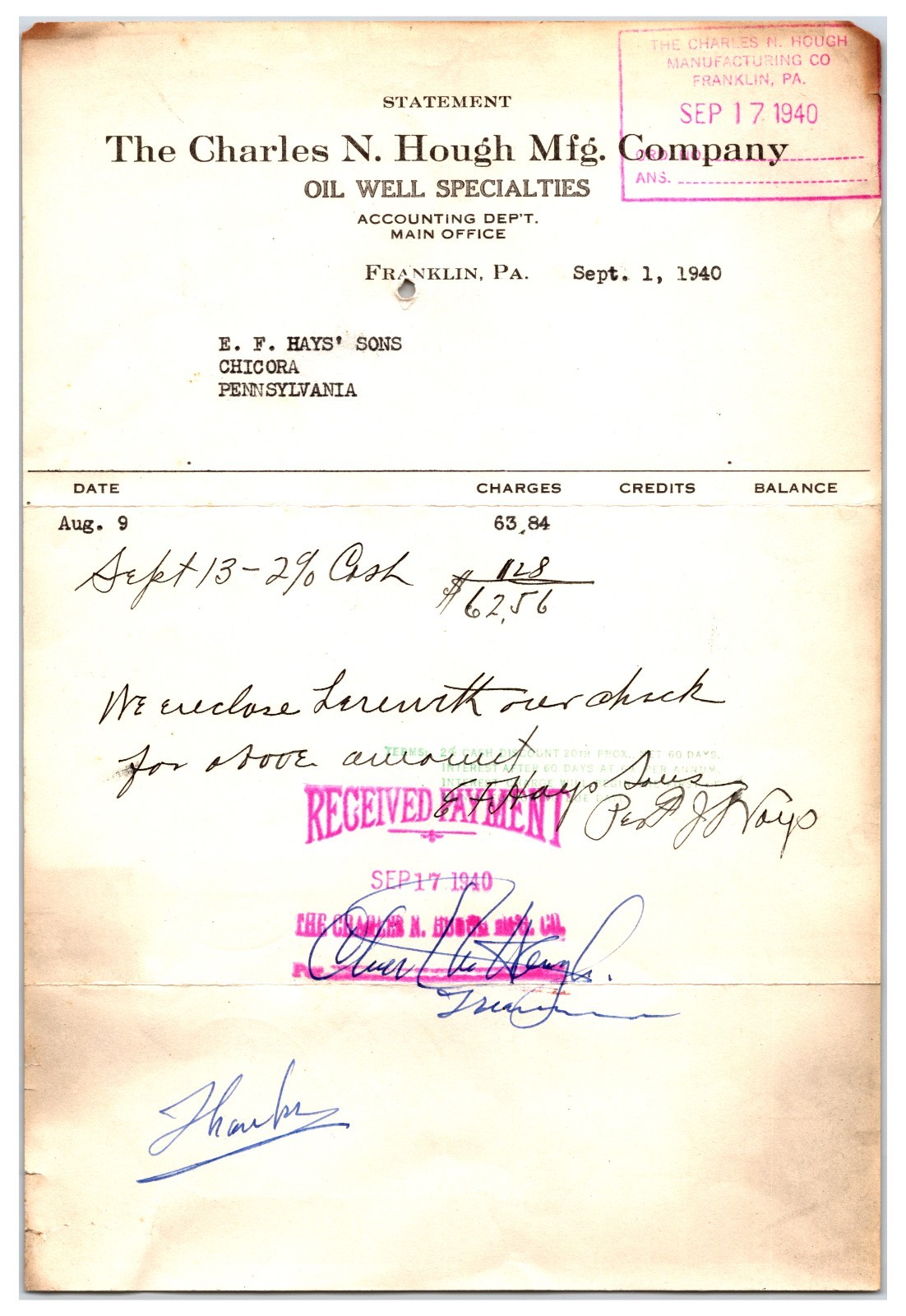 Original 1940 Charles N. Hough Co. Oil Well Specialties Receipt - Franklin, PA Original 1940 Charles N. Hough Co. Oil Well Specialties Receipt - Franklin, PA