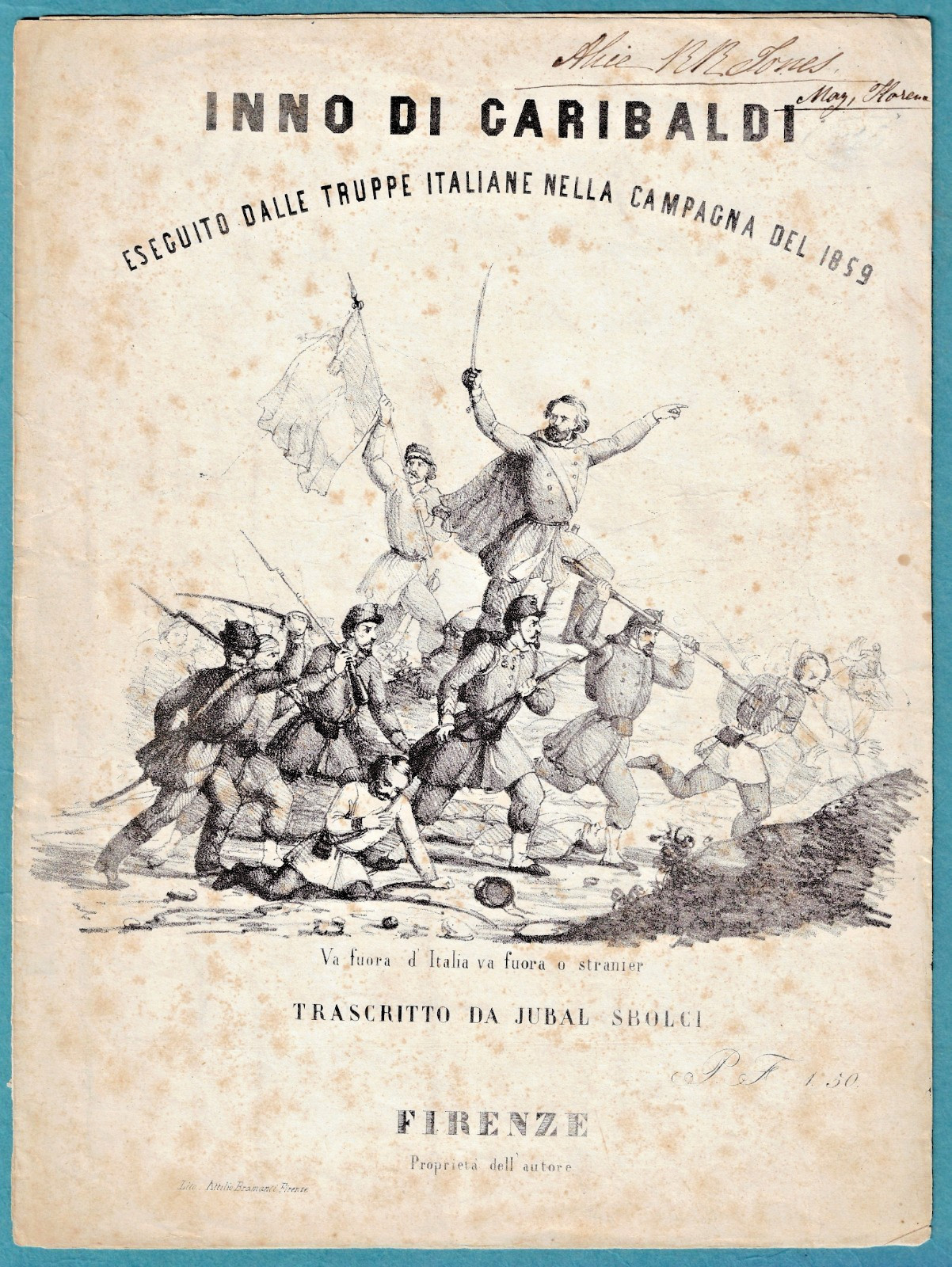 RARE 1859 SHEET MUSIC: INNO DI GARIBALDI ~ Spartito d\'epoca Inno di Garibaldi RARE 1859 SHEET MUSIC: INNO DI GARIBALDI ~ Spartito d\'epoca Inno di Garibaldi