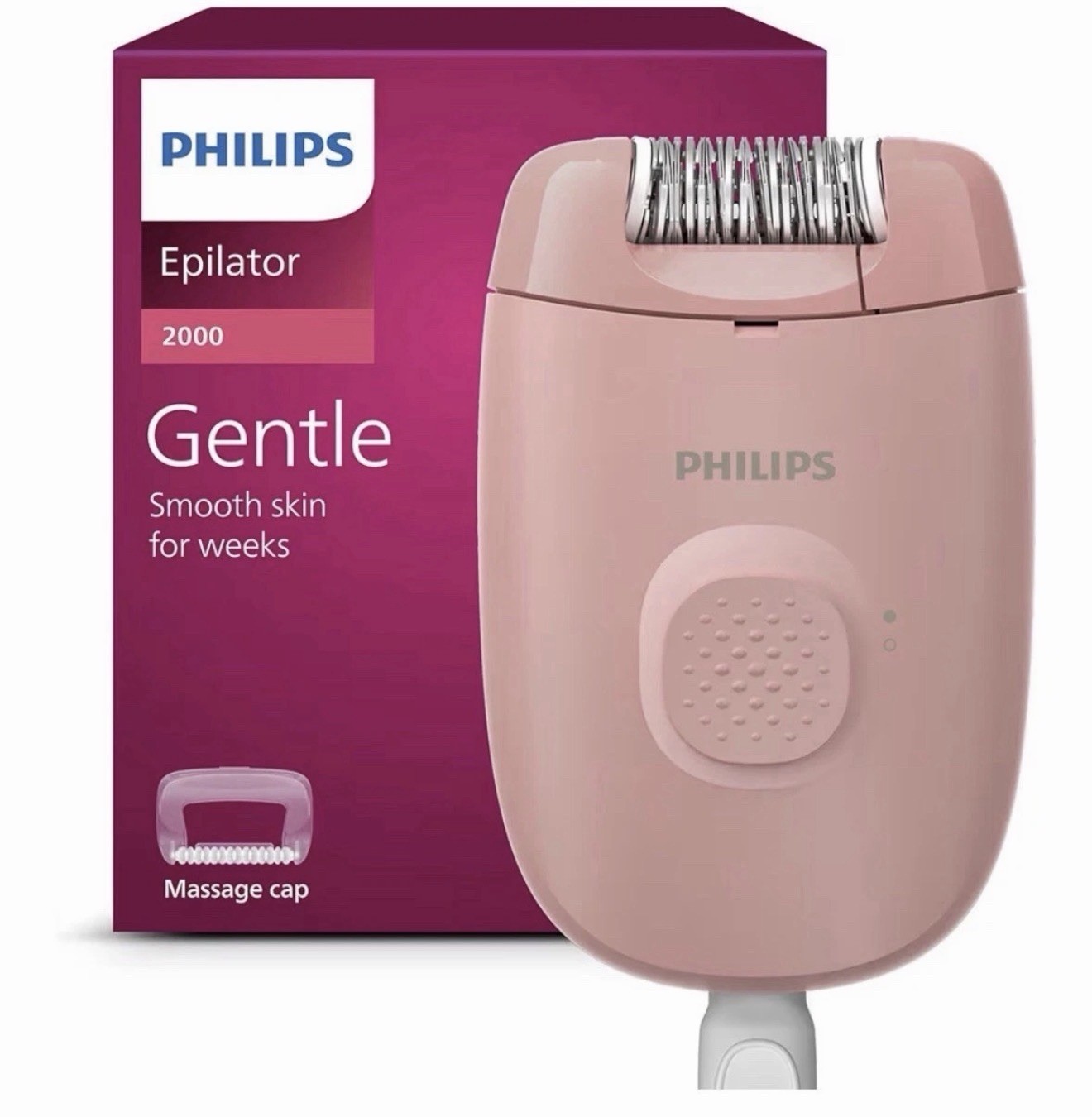 Philips Epilator 2000 Gentle Hair Removal Pink Corded w/ Massage Cap Open Box