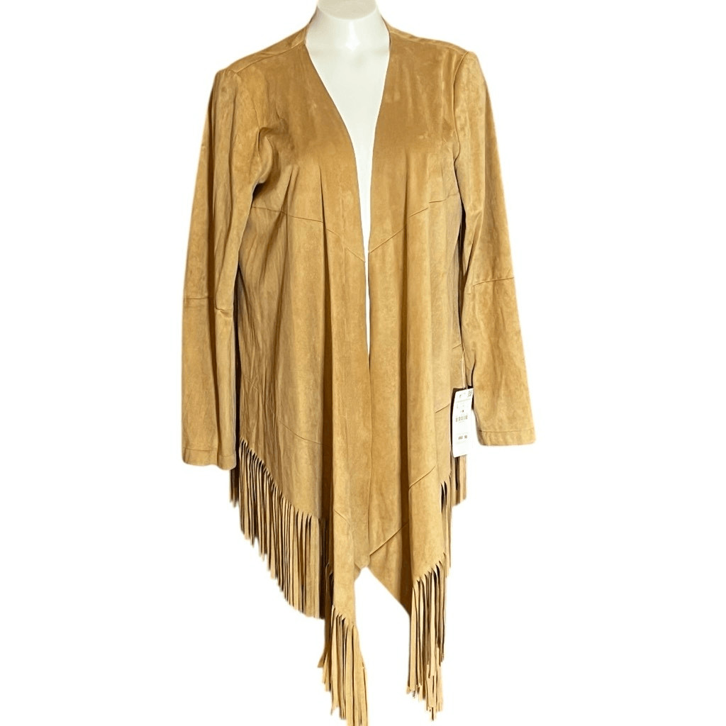 Zara Open Front Fringe Faux Suede Long Sleeve Jacket Sz L NWT