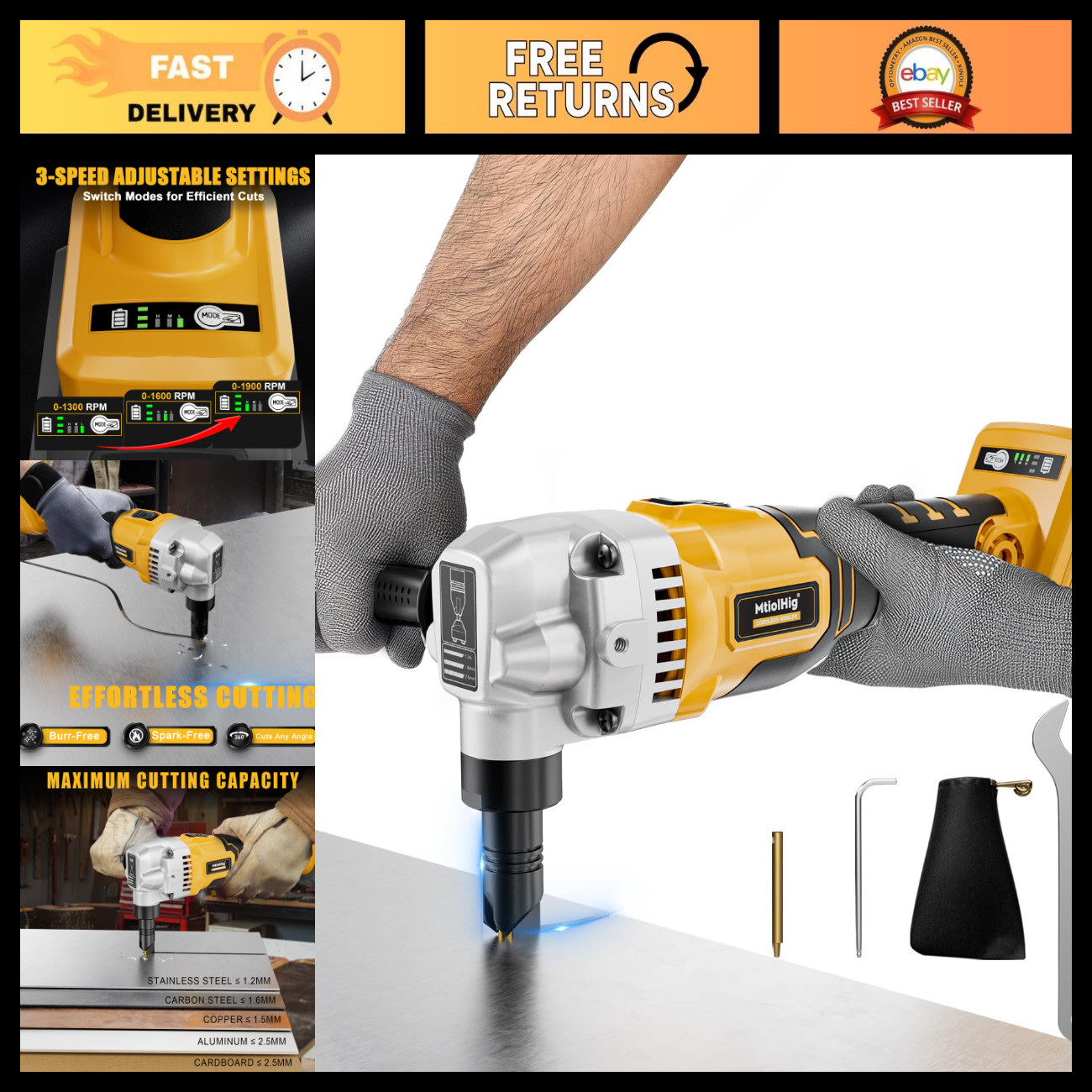 Cordless Electric Metal Nibbler - 18-Gauge Cutter, 1900RPM, 2 Blades, Assist Han Cordless Electric Metal Nibbler - 18-Gauge Cutter, 1900RPM, 2 Blades, Assist Han