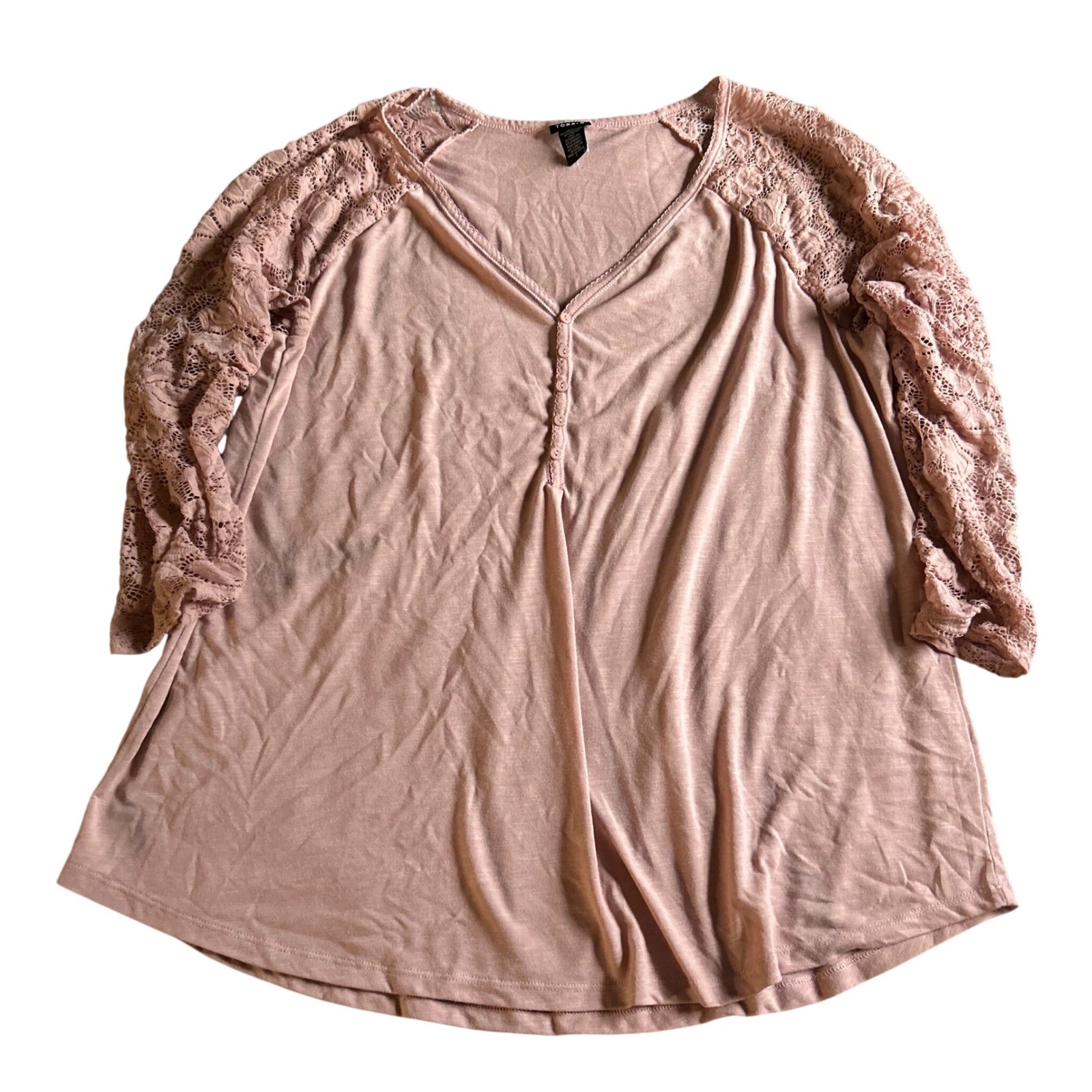 Torrid 3/4 Sleeve Shirt Womens Size 3 Pink Sheer Floral Lace Top