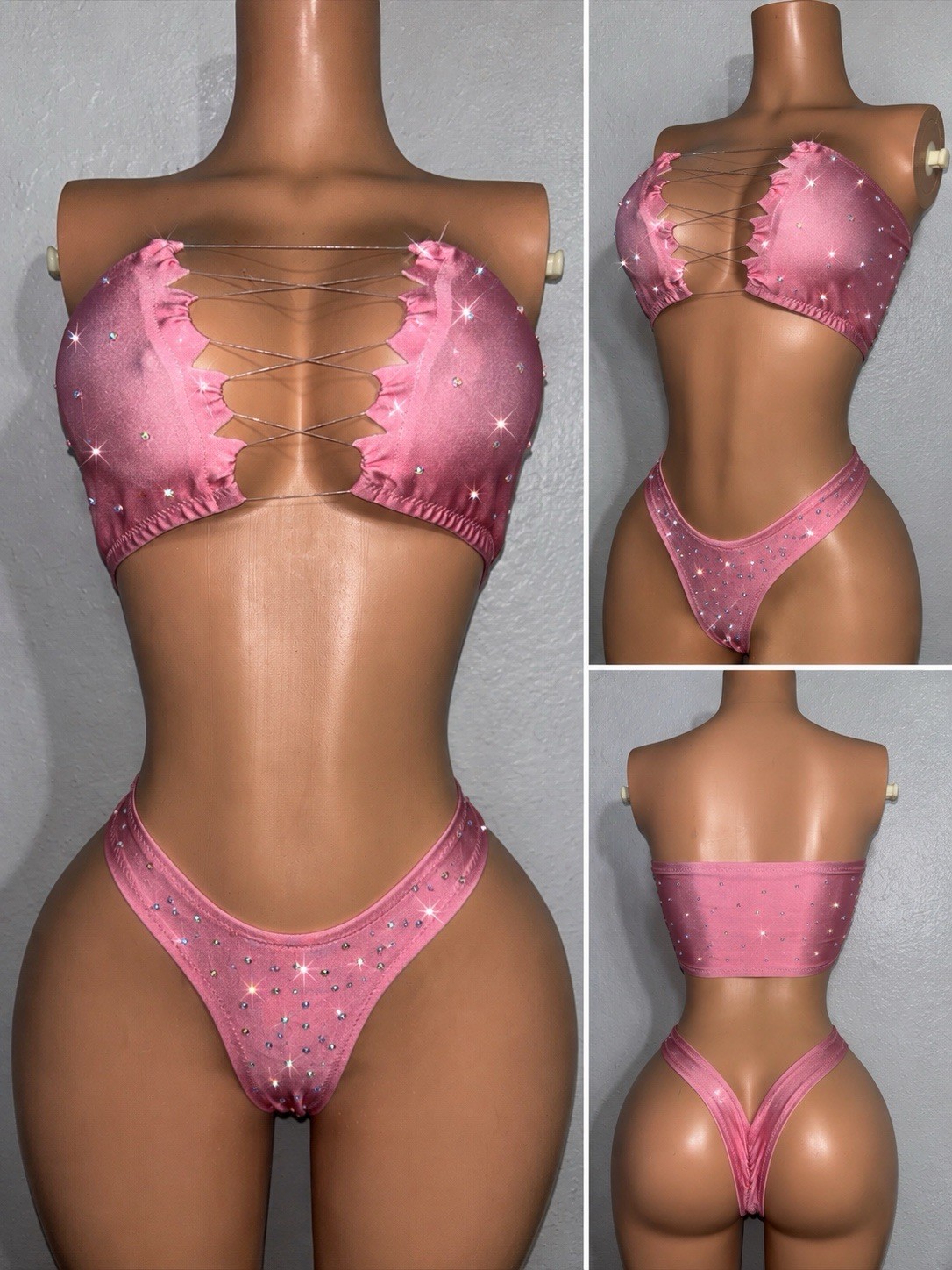 Exotic Dancewear Sexy 2 Piece Set   Tube Top Thong With rhinestones Size M/L