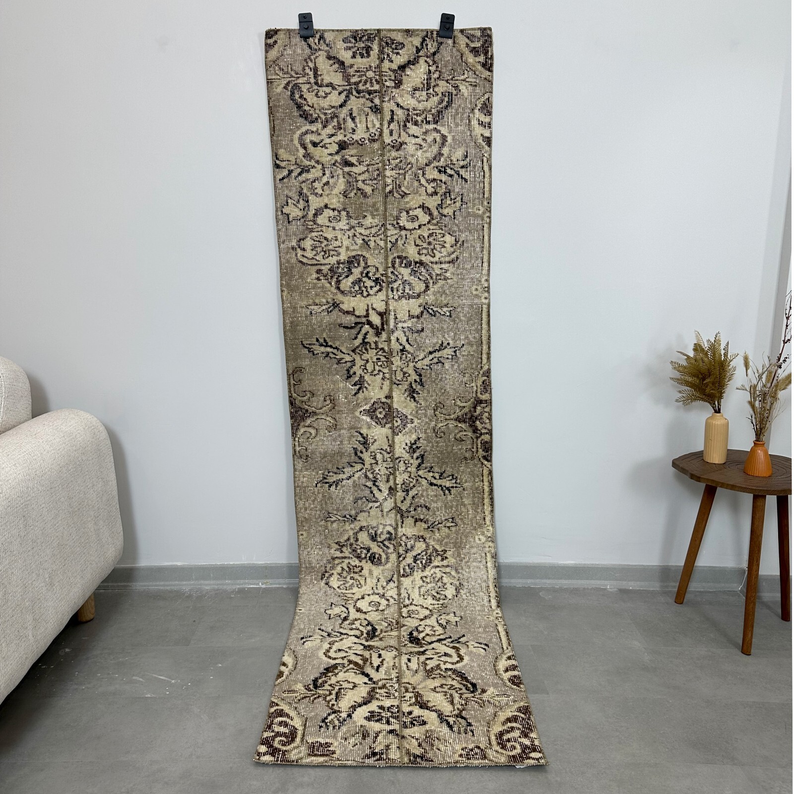 2x8 Patchwork Gray Vintage Turkish Oushak Runner, Hallway Rug, Handmade Wool