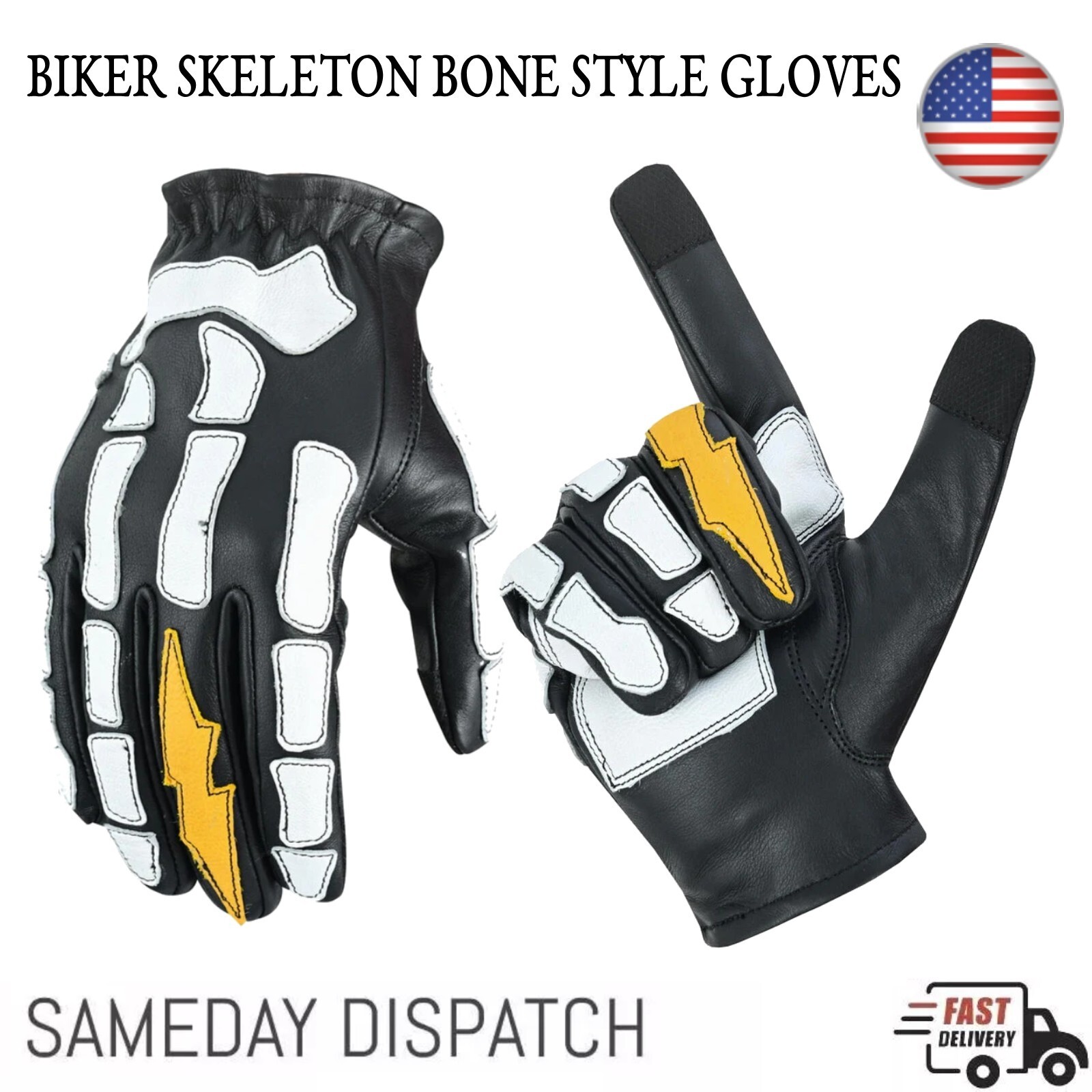 Biker Skeleton Bone Gloves Racing Cycling Motorcycle Full Finger Leather Gloves