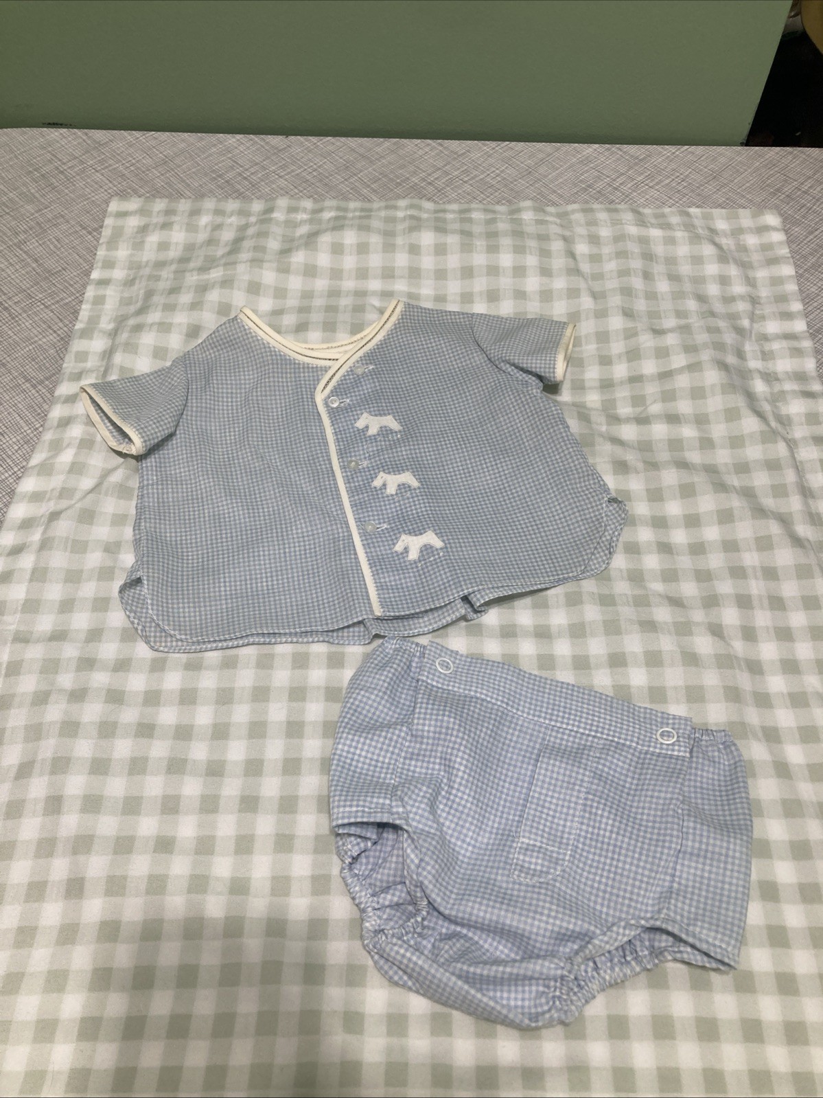 Vtg 80s Baby Togs Gingham Bloomer Shirt Set Scottie Dog Birth 3M Retro Heirloom