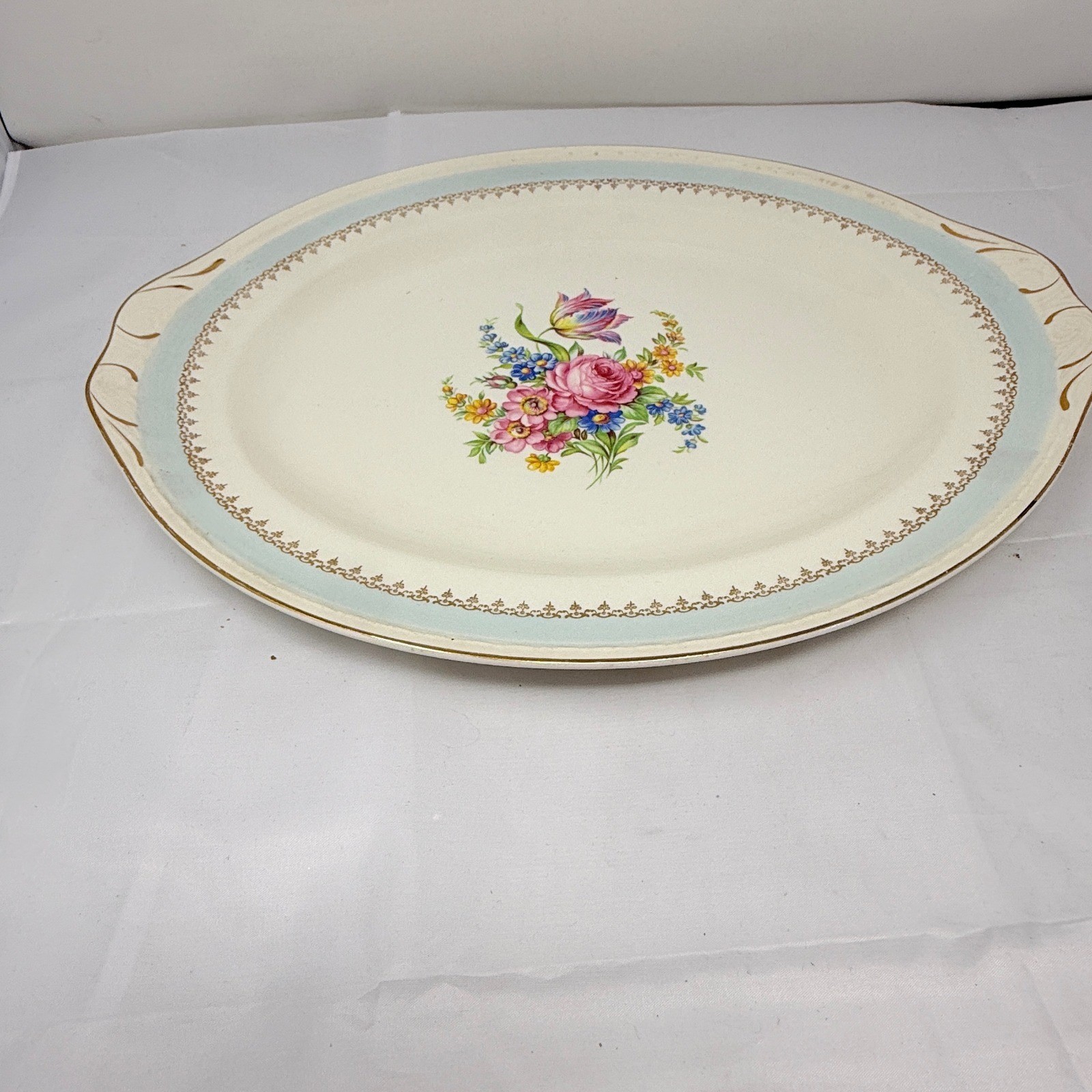 Homer Laughlin Eggshell Georgian Floral Oval Serving Platter Blue Gold Trim 15in