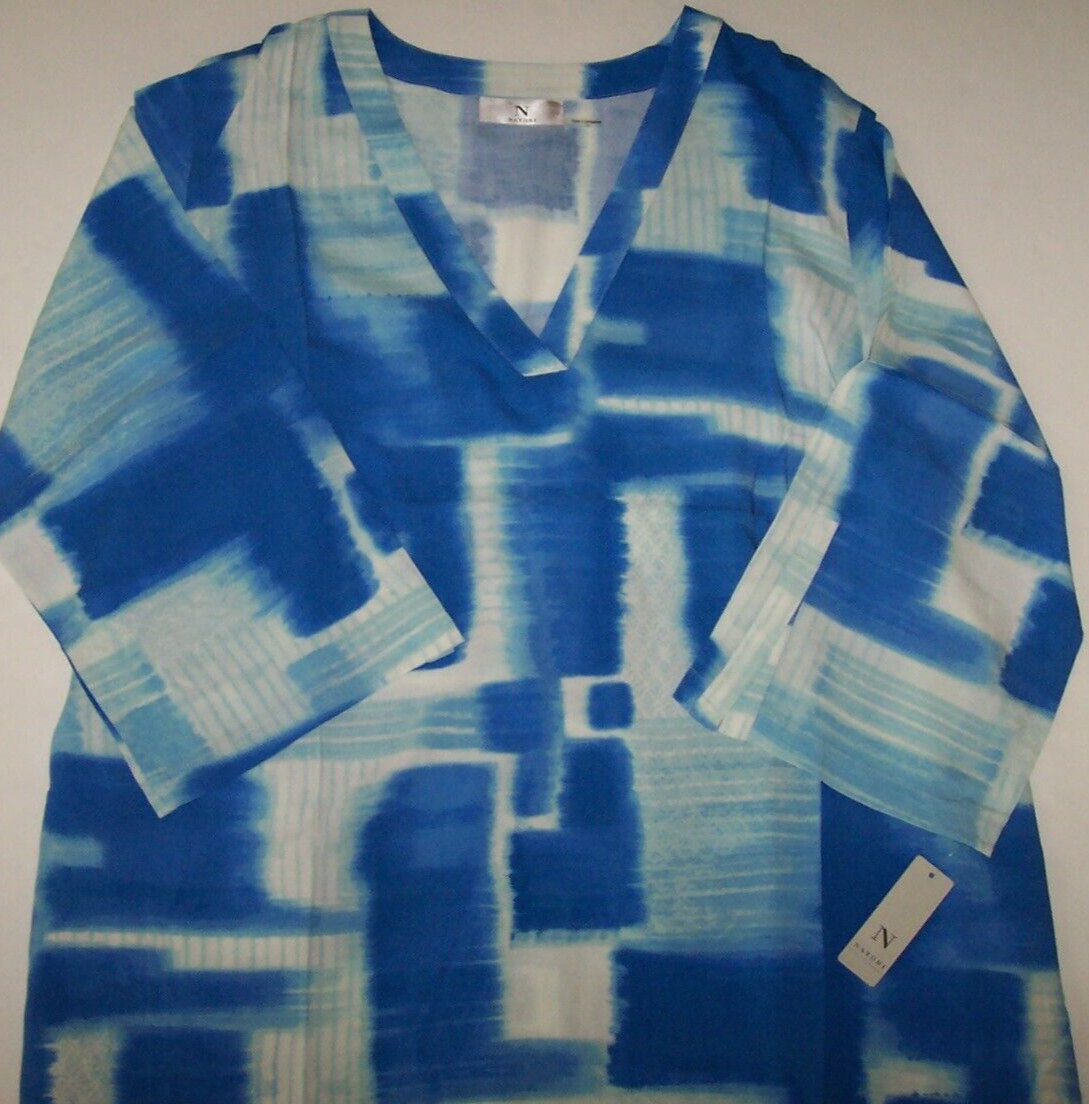 NWT N Natori Ocean Blue/White Artsy KASURI Woven Rayon Challis CAFTAN 3X Pockets