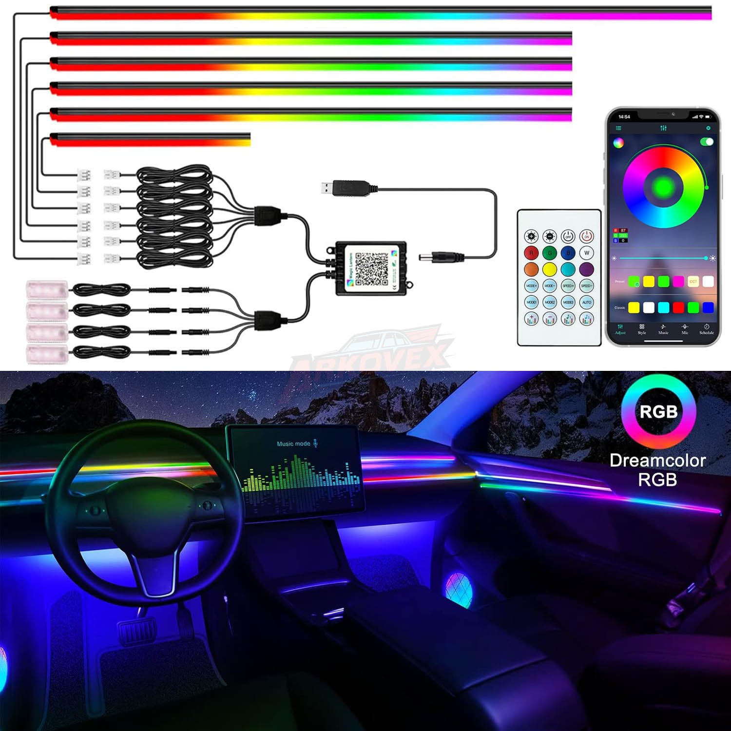 Ambient Interior Car LED Strip Lights Acrylic Dynamic Neon Dreamcolor 10 in 1