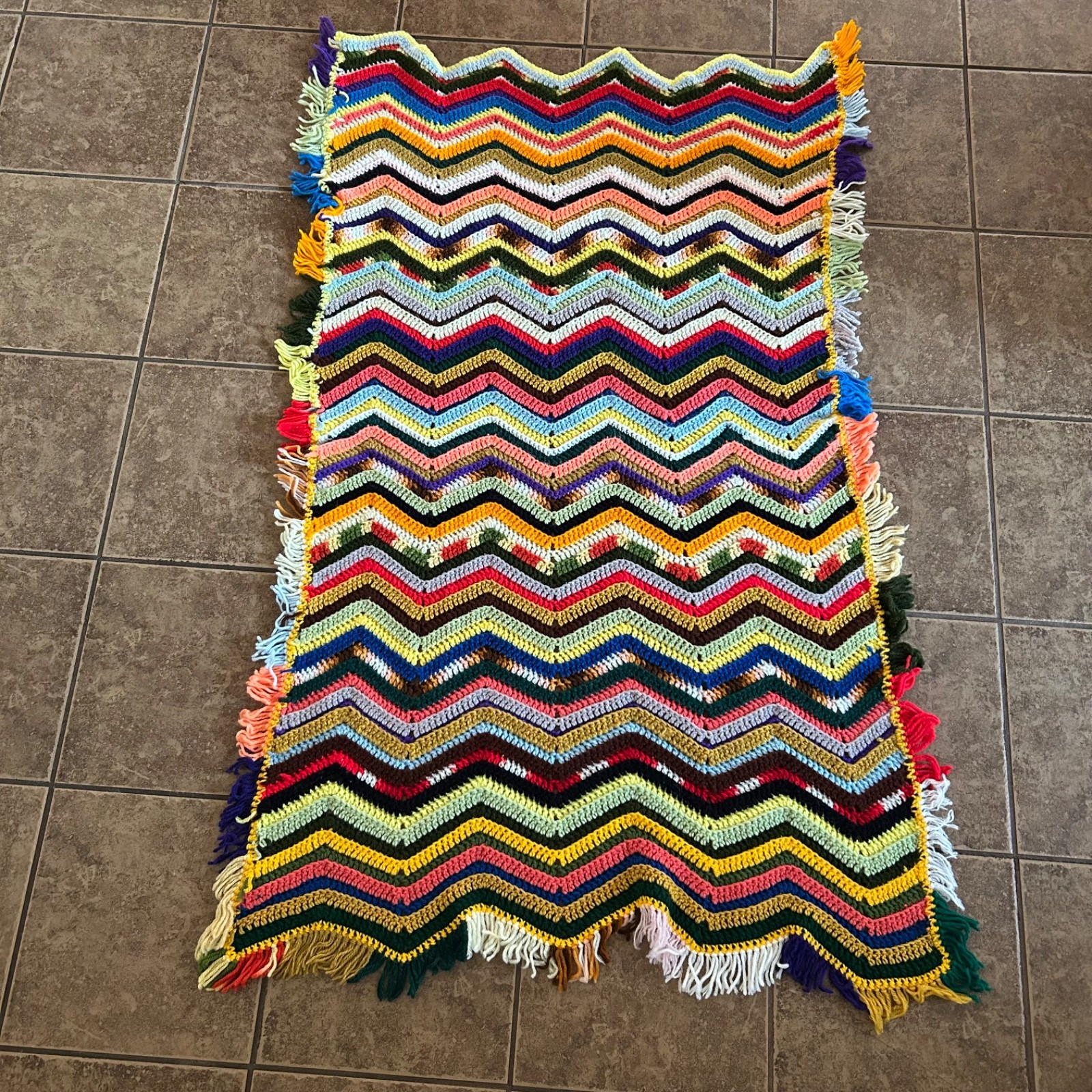 Vtg Grandma\'s Colorful Afghan Chevron Blanket Crochet Throw w/ Fringe 56x35”