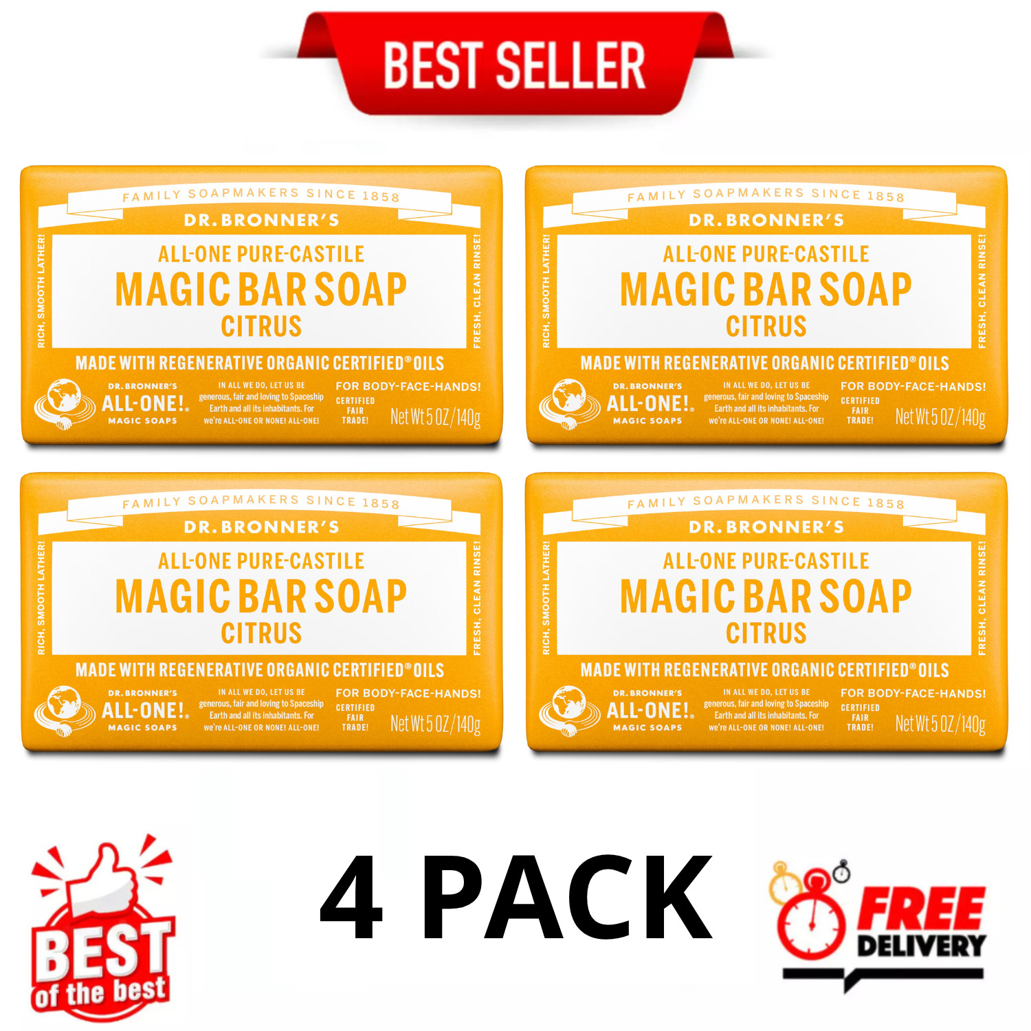 Dr.Bronner\'s Magic Bar Soap, Citrus, Pure-Castile Soap, 5 oz, 4 Pack