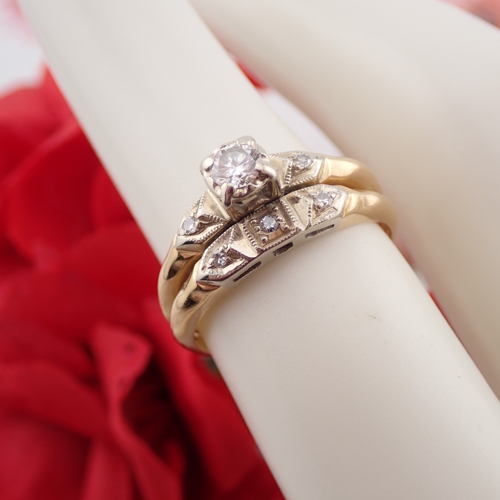VTG 14k YG .25 Ct Diamond Center Wedding Engagement Size 5.75 Fused Ring Set