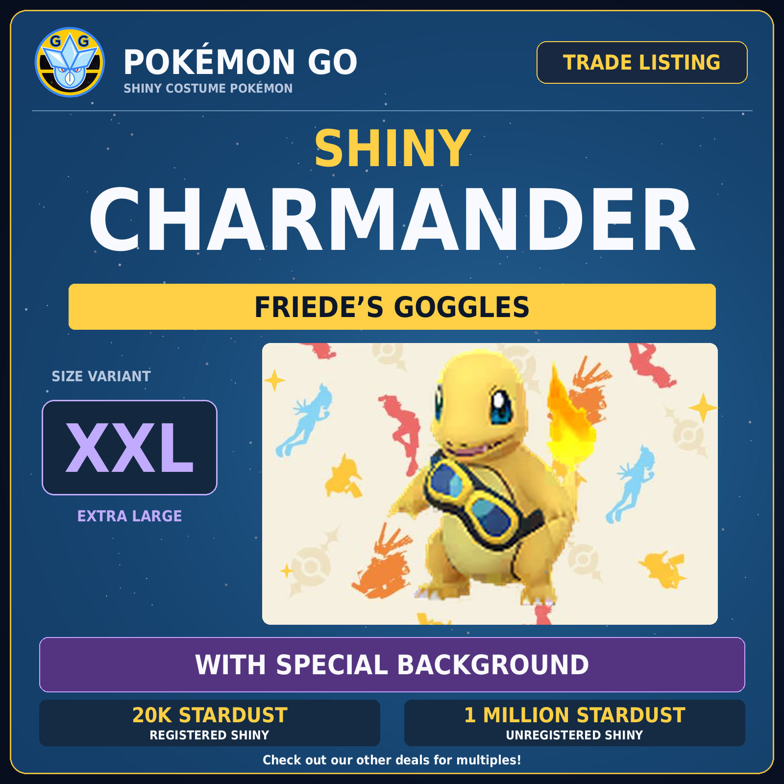 Pokémon GO Shiny Friede Goggles Charmander XXS XXL Special Background Trade PTC