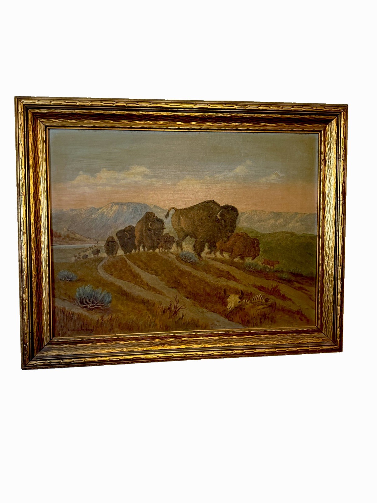 Authentic Antique Western Oil Painting Featuring Buffalo Herd 1917-1929