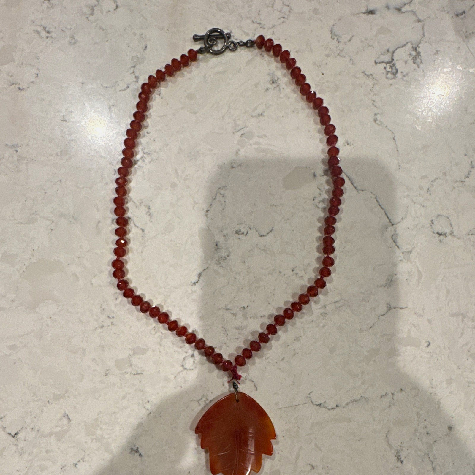Handcrafted Red Carnelian Beaded Necklace Leaf Charm Pendant Toggle Clasp