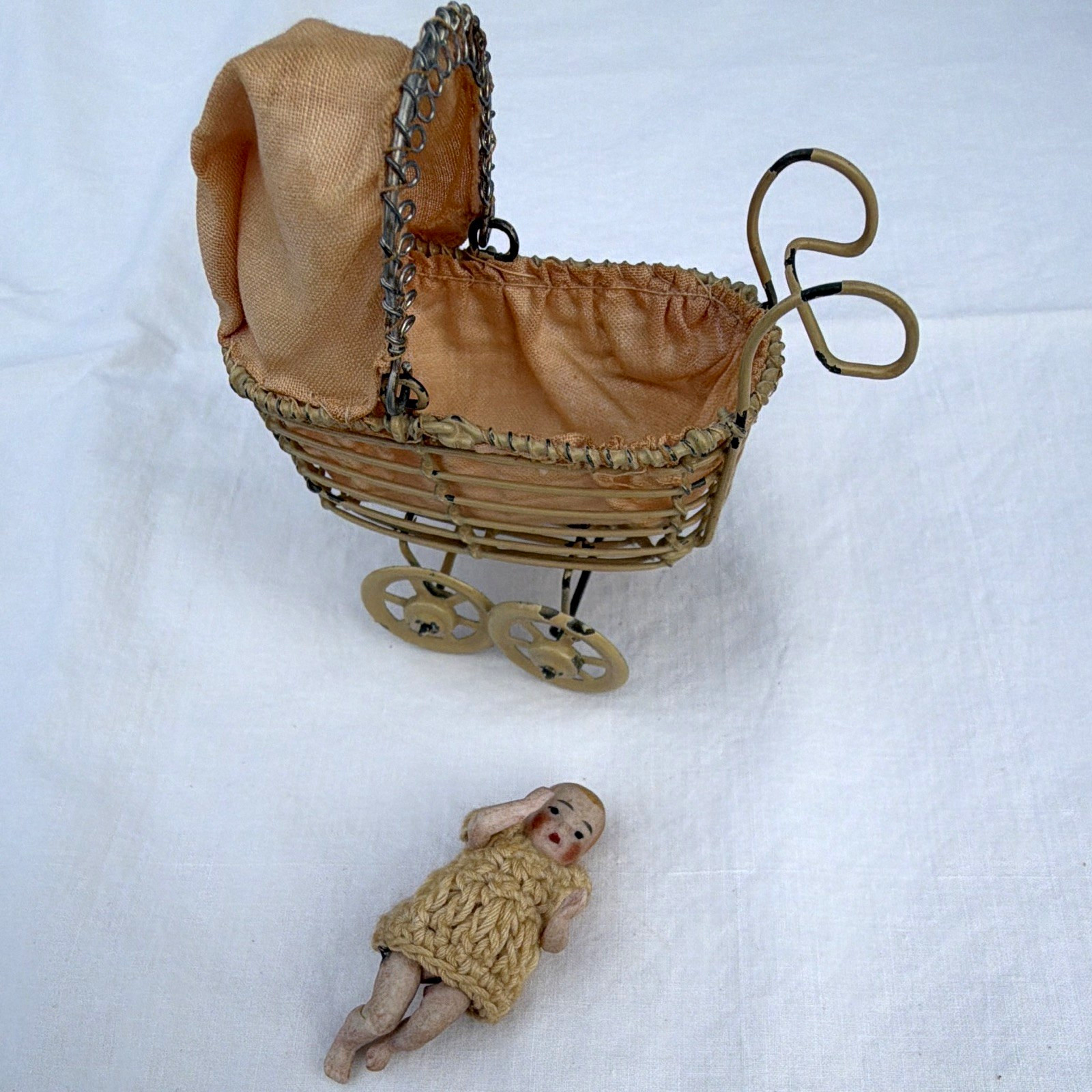 Antique Miniature Bisque Doll w Metal Baby Carriage Pram Dollhouse Victorian Antique Miniature Bisque Doll w Metal Baby Carriage Pram Dollhouse Victorian