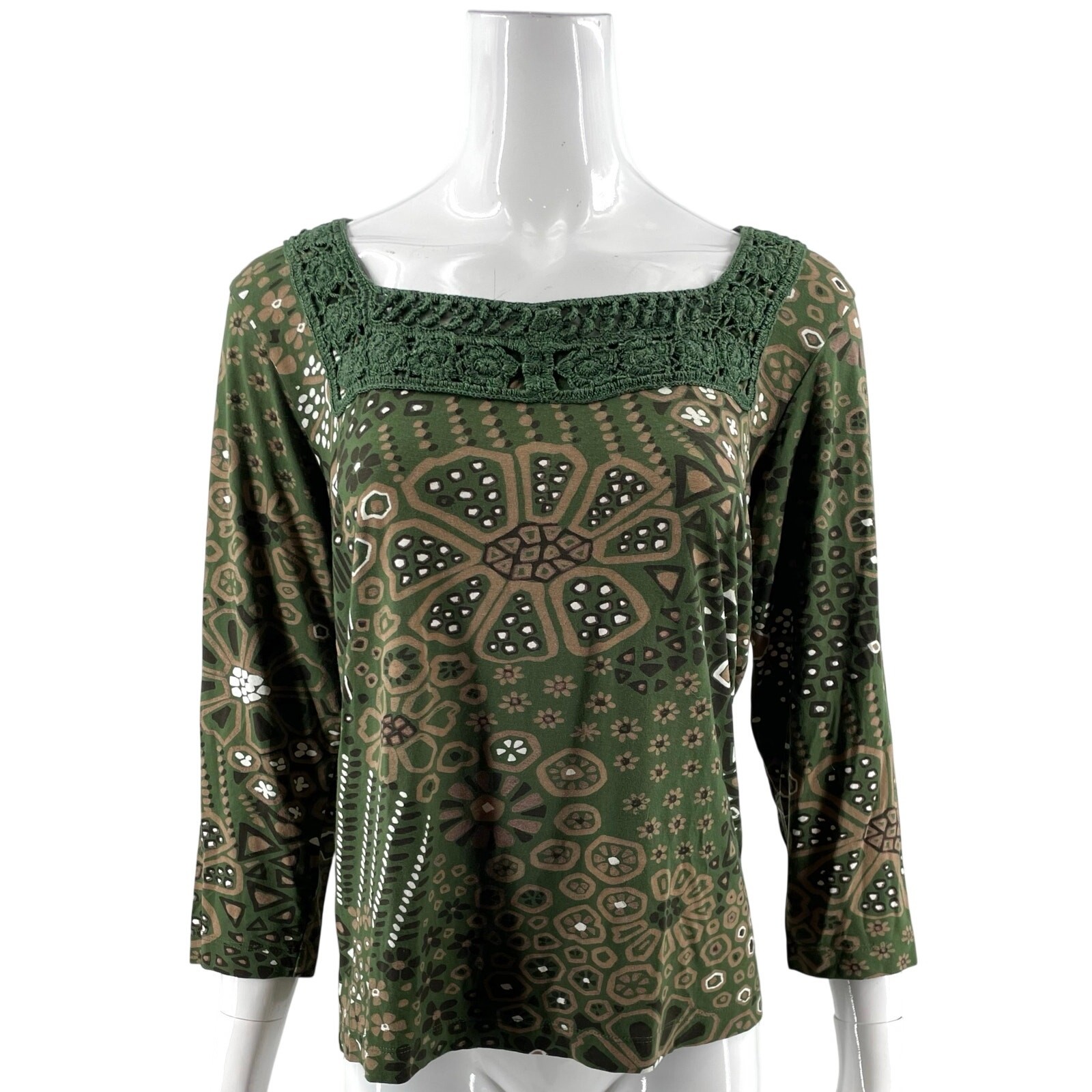 Chicos Womens Top Size 2 / Large Green Brown Lace Square Neck Stretch Knit Shirt