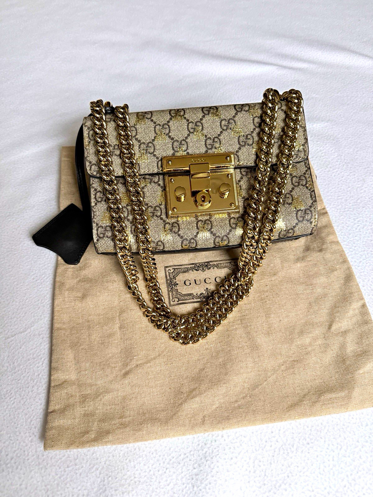 Gucci GG Monogram Small Shoulder Bag Gold Chain Strap Push Lock w/ Dust Bag Gucci GG Monogram Small Shoulder Bag Gold Chain Strap Push Lock w/ Dust Bag
