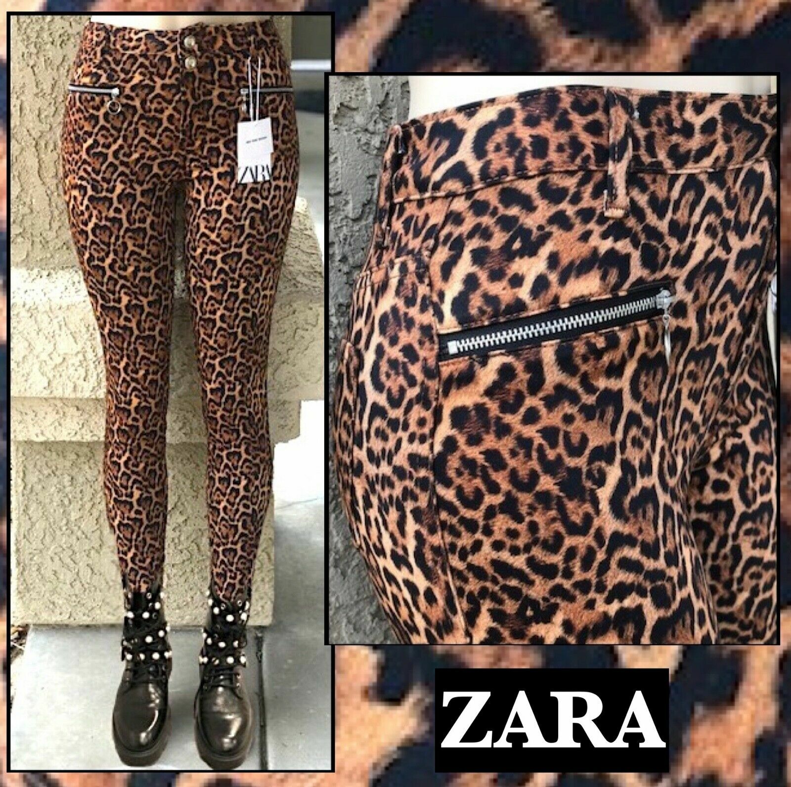 ZARA Leopard Animal Print Skinny Pants Mid Rise Cheetah Trousers Sz US 4 W26 ZARA Leopard Animal Print Skinny Pants Mid Rise Cheetah Trousers Sz US 4 W26