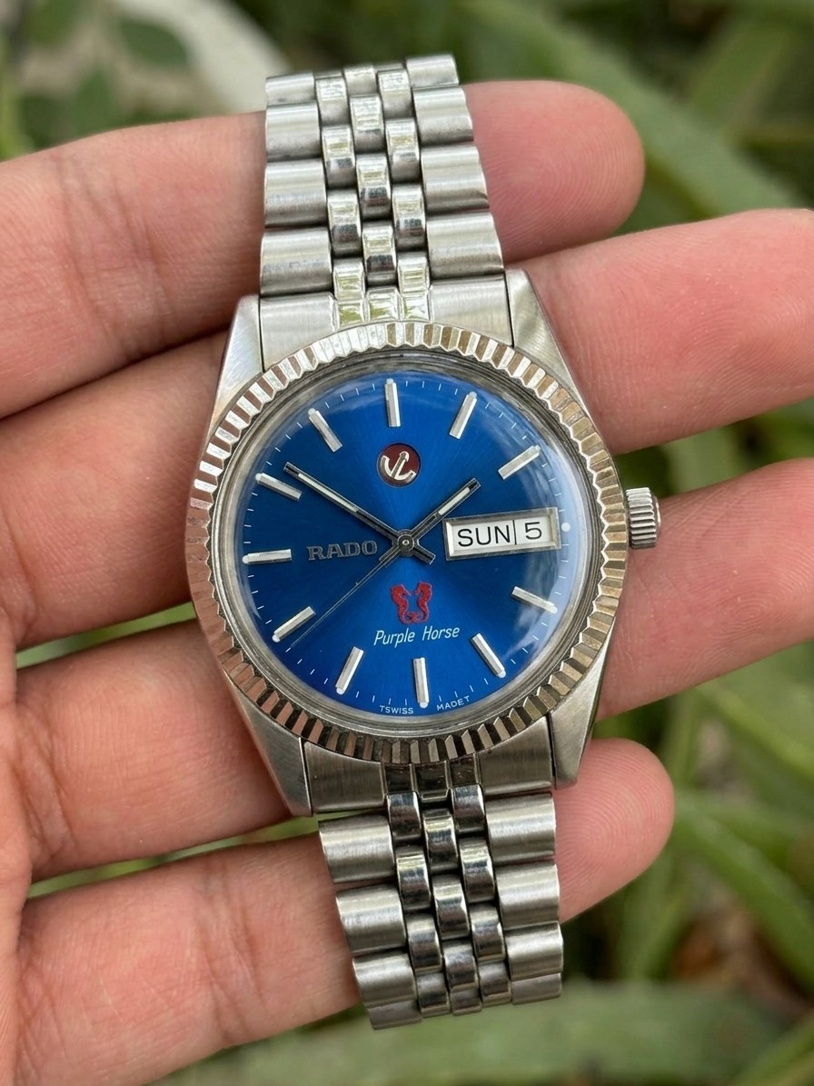Vintage Rado Purple Horse Automatic Blue Dial Day Date Swiss Steel Mens Watch