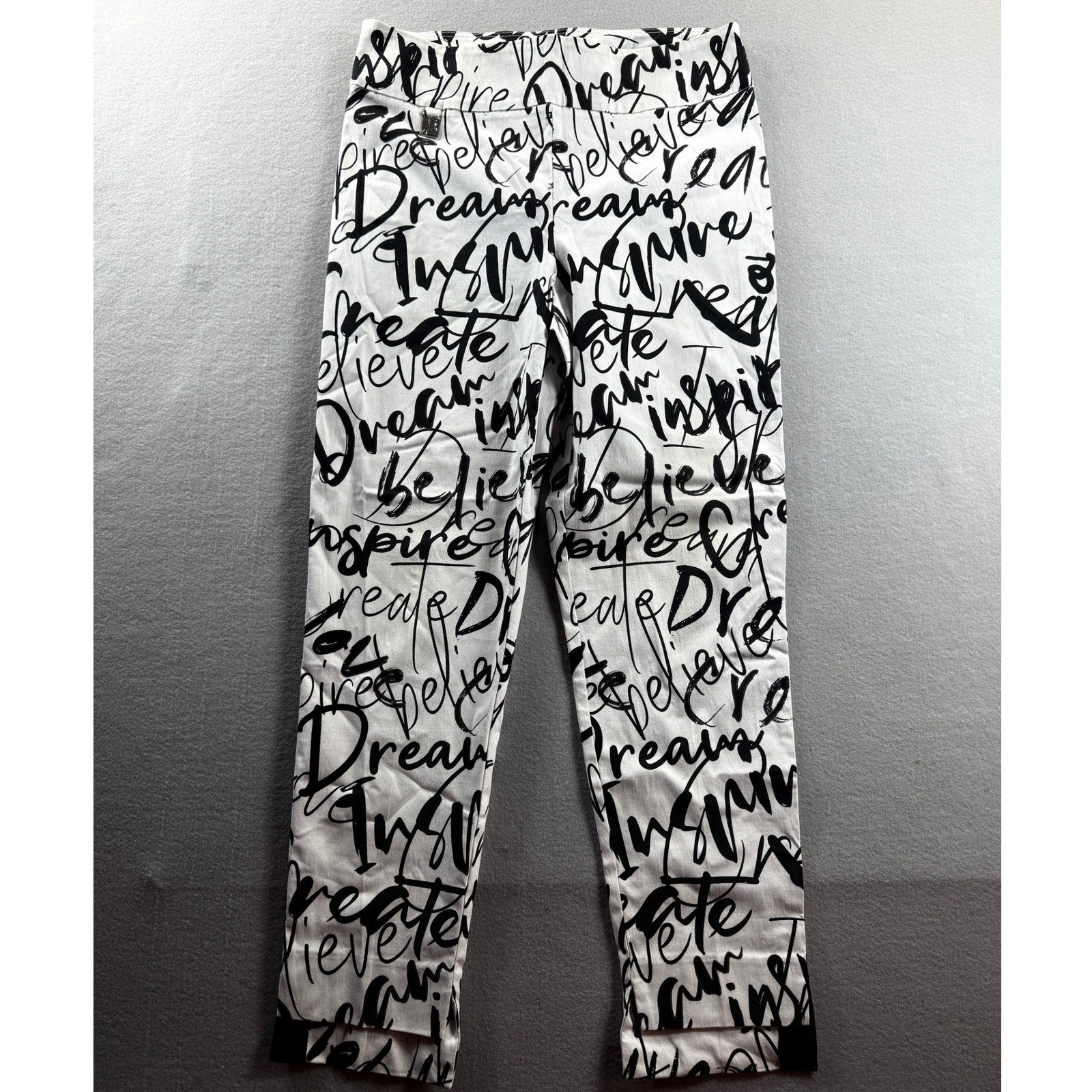 Joseph Ribkoff Pants Women 12 White Script Print Slim Leg Side Stripe 33x28