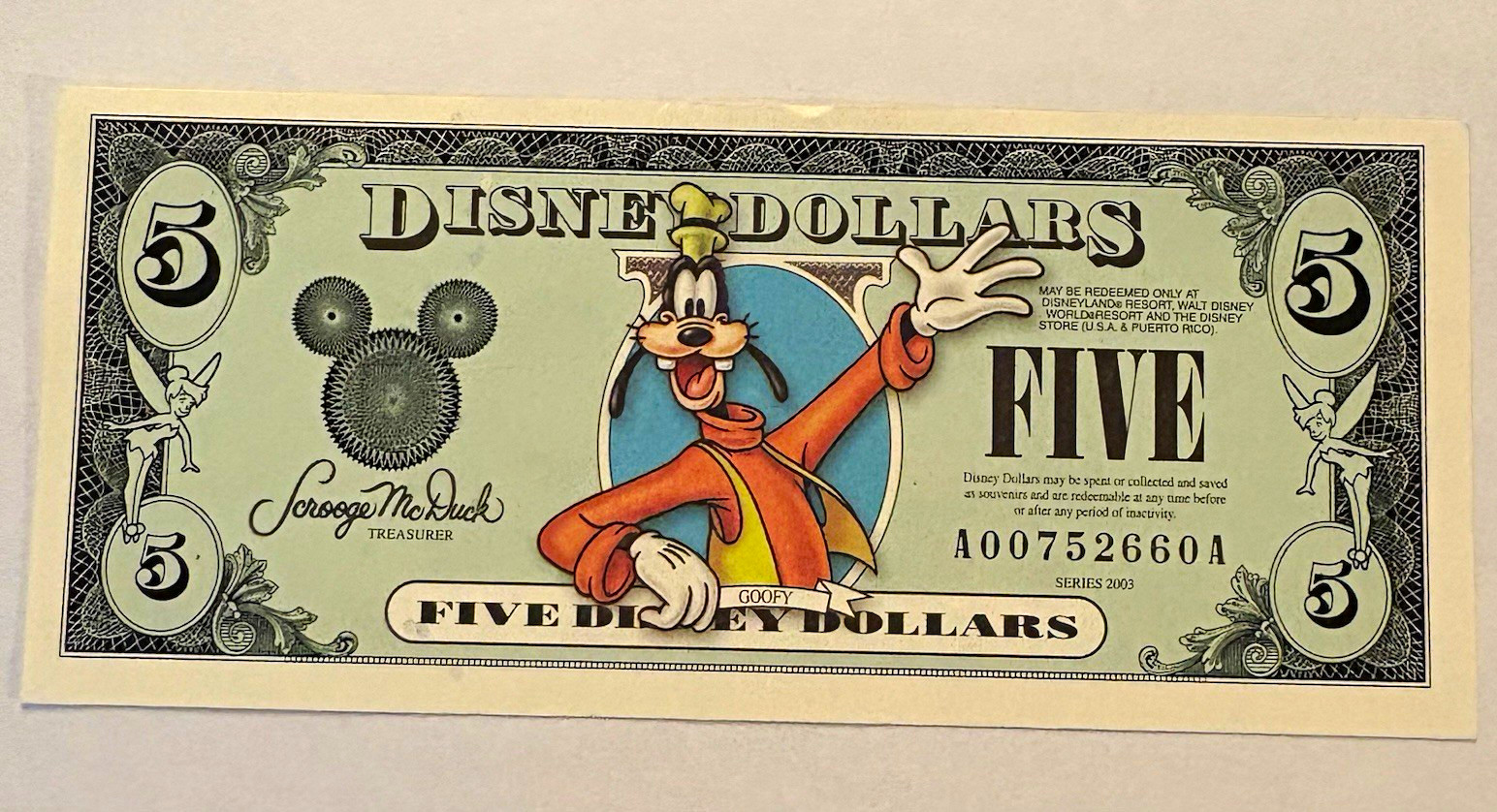Disney Goofy $5 Disney Dollars Note, Walt Disney World, 2003 Disney Goofy $5 Disney Dollars Note, Walt Disney World, 2003