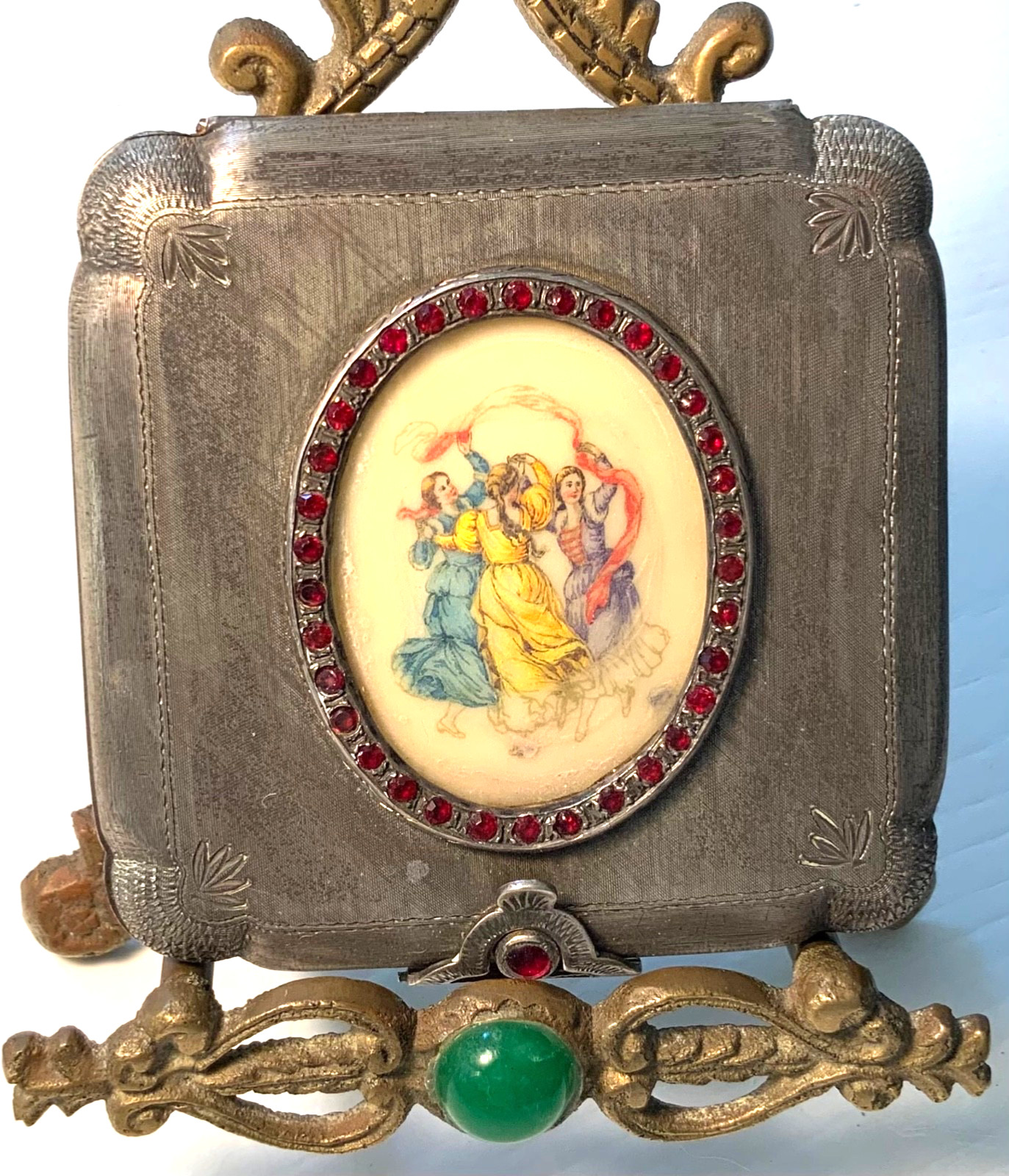 RARE Antique 800 SILVER Hand Painted 3 BEAUTIFUL WOMEN *Jeweled* Compact GLASS