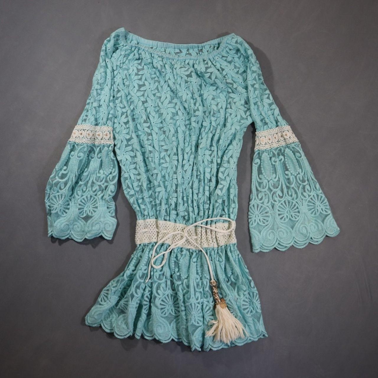Boho Lace Bell Sleeve Tunic Top Aqua Blue Crochet Waist Festival Tassel
