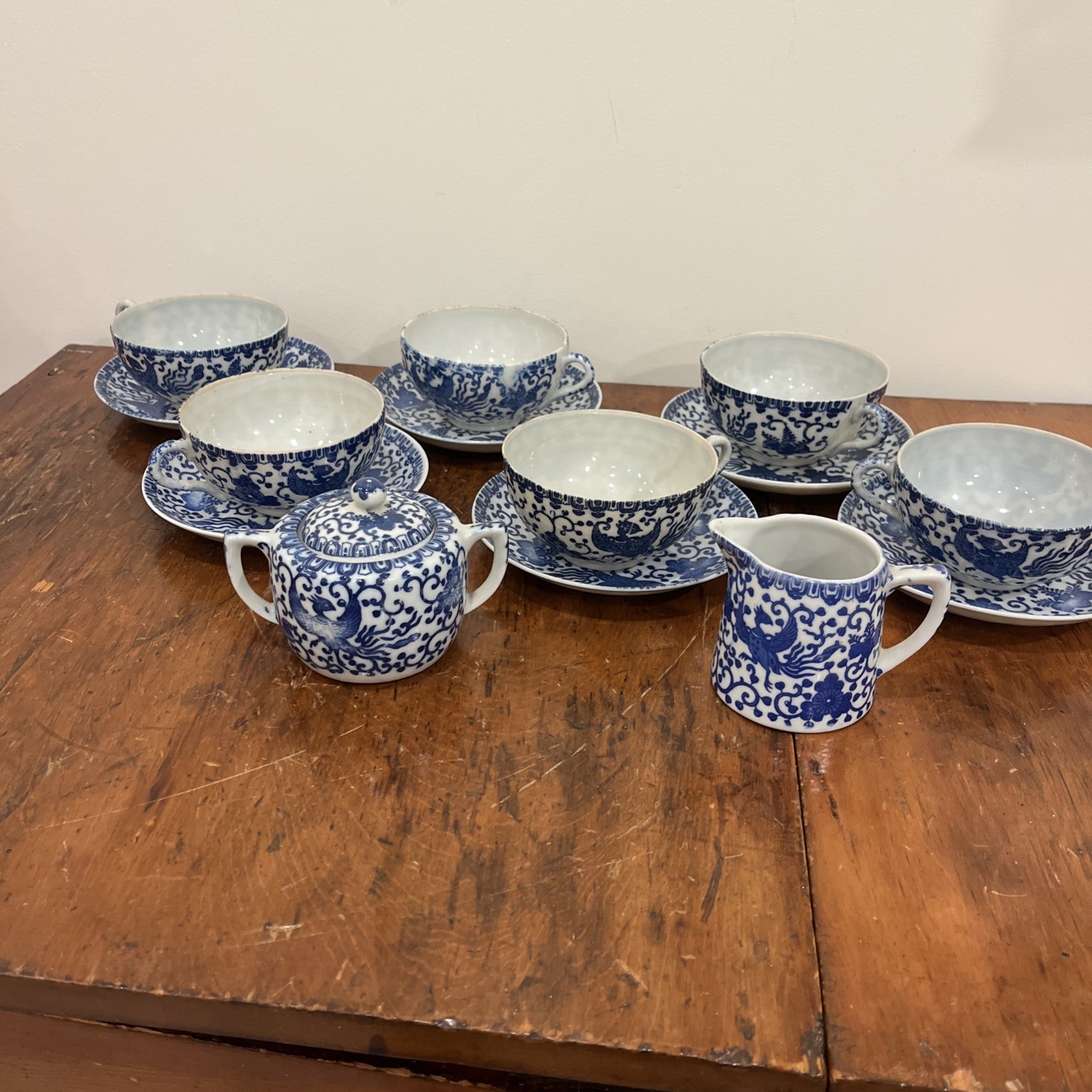 Lot 14 Antique Japanese Porcelain Phoenix Teacups Saucer Milk Creamer Sugar Bowl Lot 14 Antique Japanese Porcelain Phoenix Teacups Saucer Milk Creamer Sugar Bowl